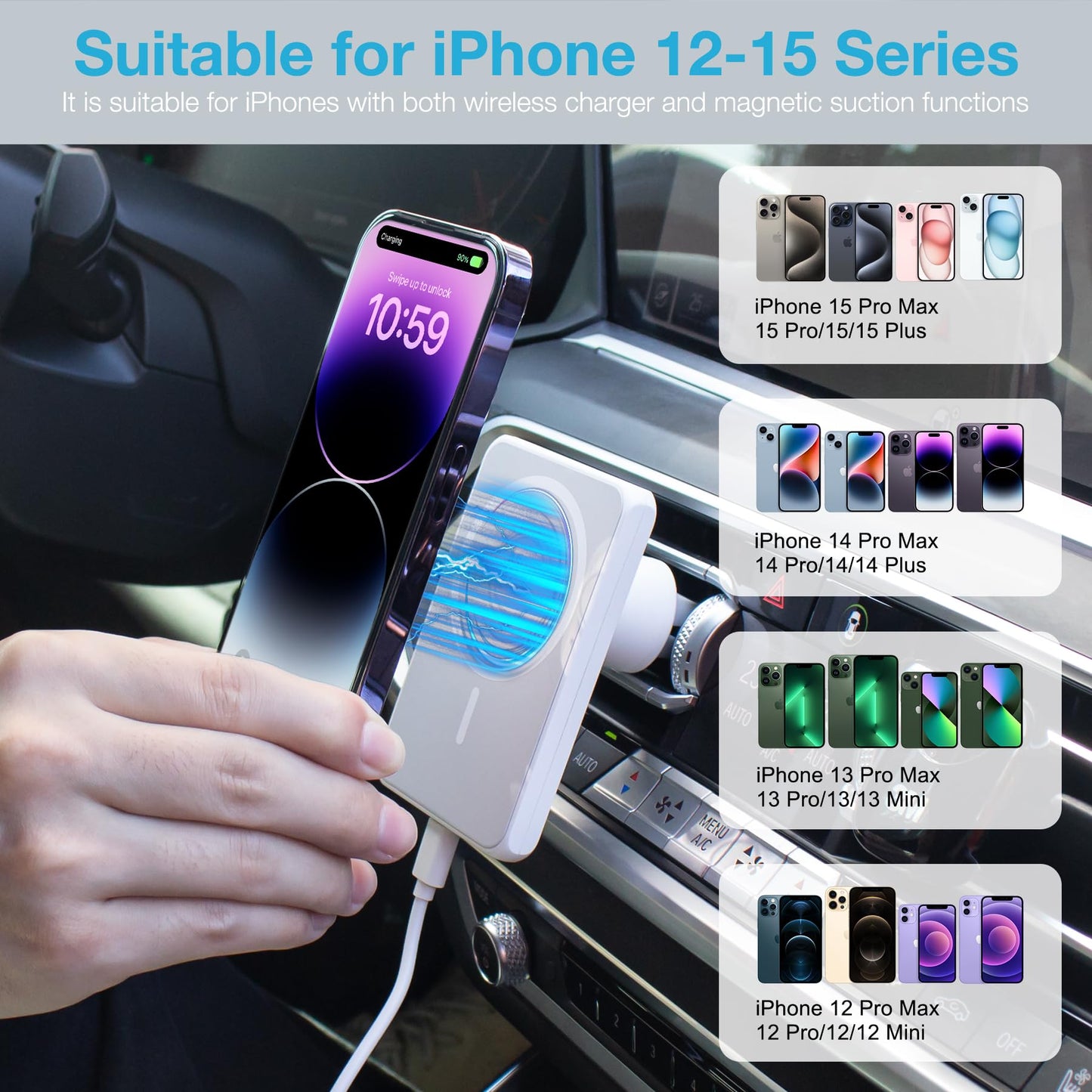 7.5W MagSafe Wireless Car Charger Mount Pro Strong Magnetic Vent Holder for iPhone 17/16/15/14/13/12 Series & More, 360° Rotation & Overheat