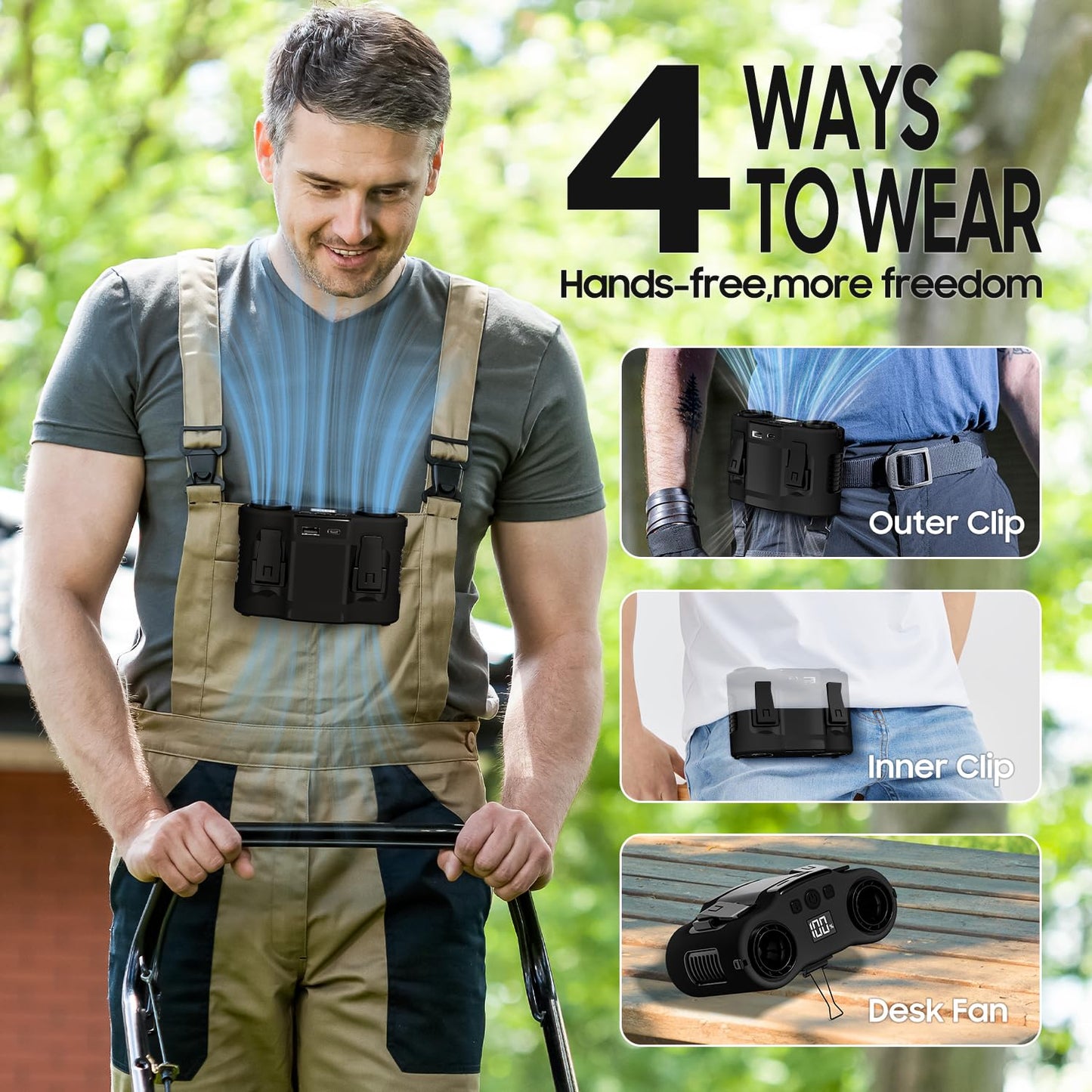 Portable Waist Fan, Dual-Sided Clip on Belt Waist Fan, 5 Speeds 16000RPM, MAX 40H Work Time, 20000mAh Rechargeable Wearable Personal Hands-Free Neck