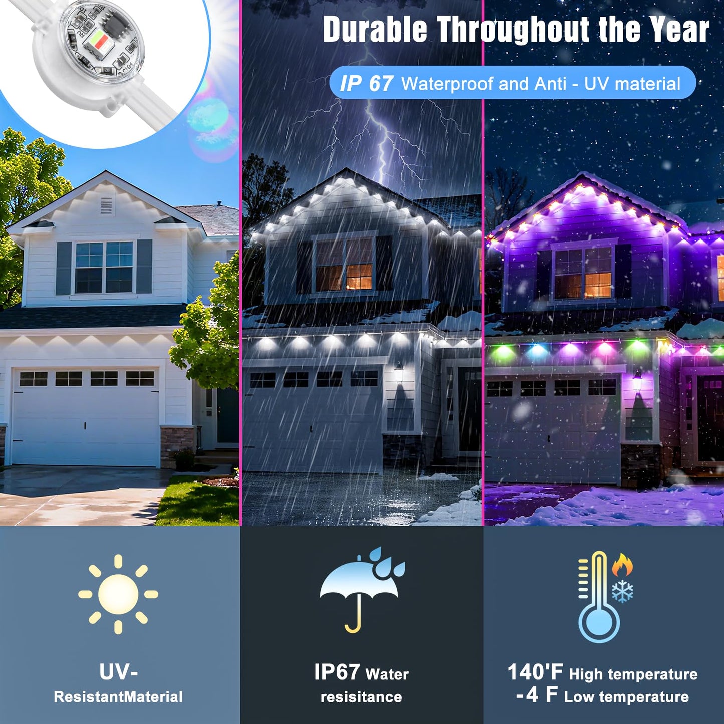 JOH Permanent Outdoor Lights,100FT RGB+IC Smart Eave Lights with DIY Color, IP67 Waterproof, App & Remote Control, 72 Scene Modes, Outdoor Roof