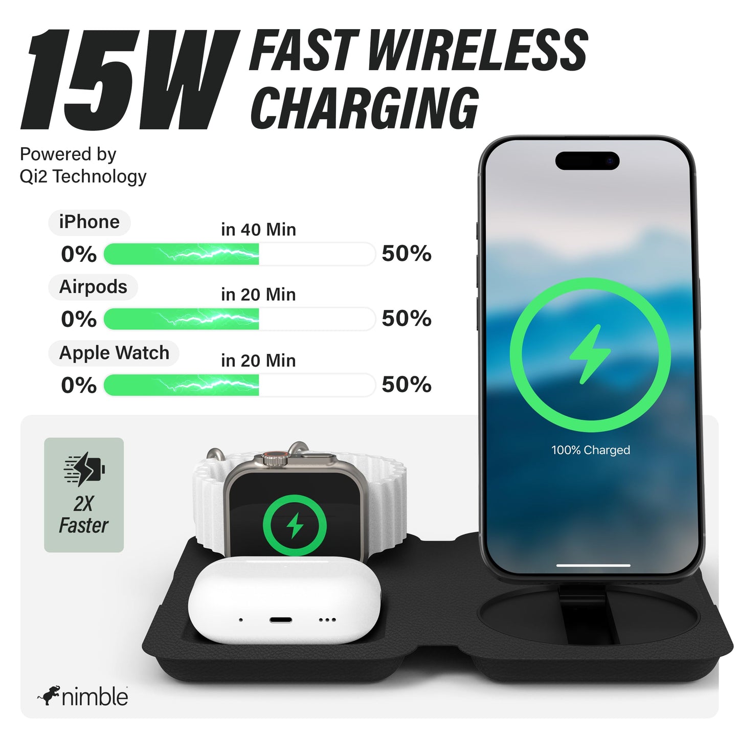 Nimble Fold 3-in-1 Wireless Charging Station for iPhone & AirPods, MagSafe Compatible 15W Qi2 Charging Stand, Wireless Charger Dock for iPhone