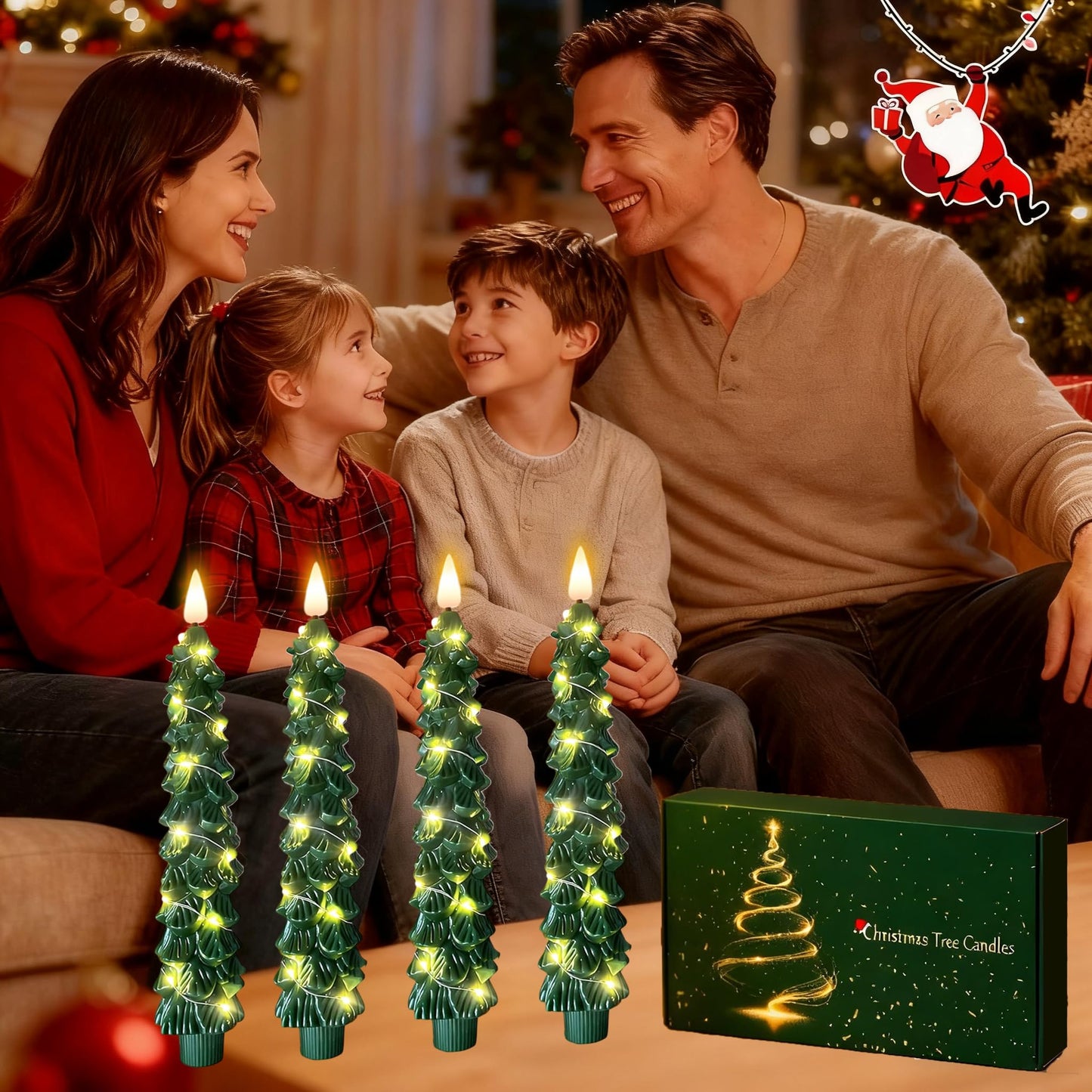 QVAIVE Christmas Tree Candles, Flameless Taper Candles with Remote & String Lights, 4 Pcs Battery Operated LED Green Christmas Candlesticks