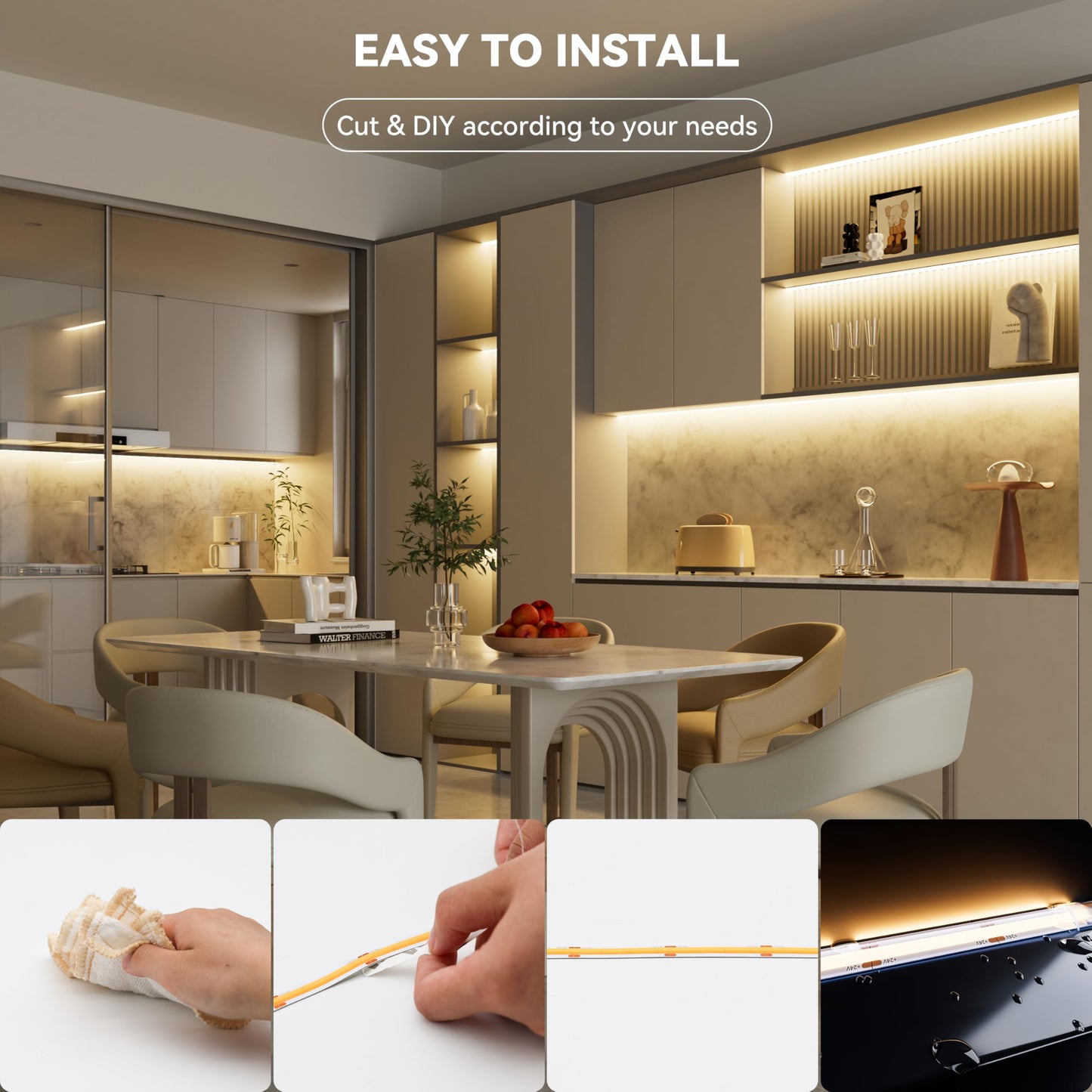PAUTIX COB LED Strip Light IP65 Waterproof 32.8ft/10m 5040LEDs Warm White 3000K,High Lumen Flexible CRI90+ LED Tape Super Bright DC24V,for Cabinet