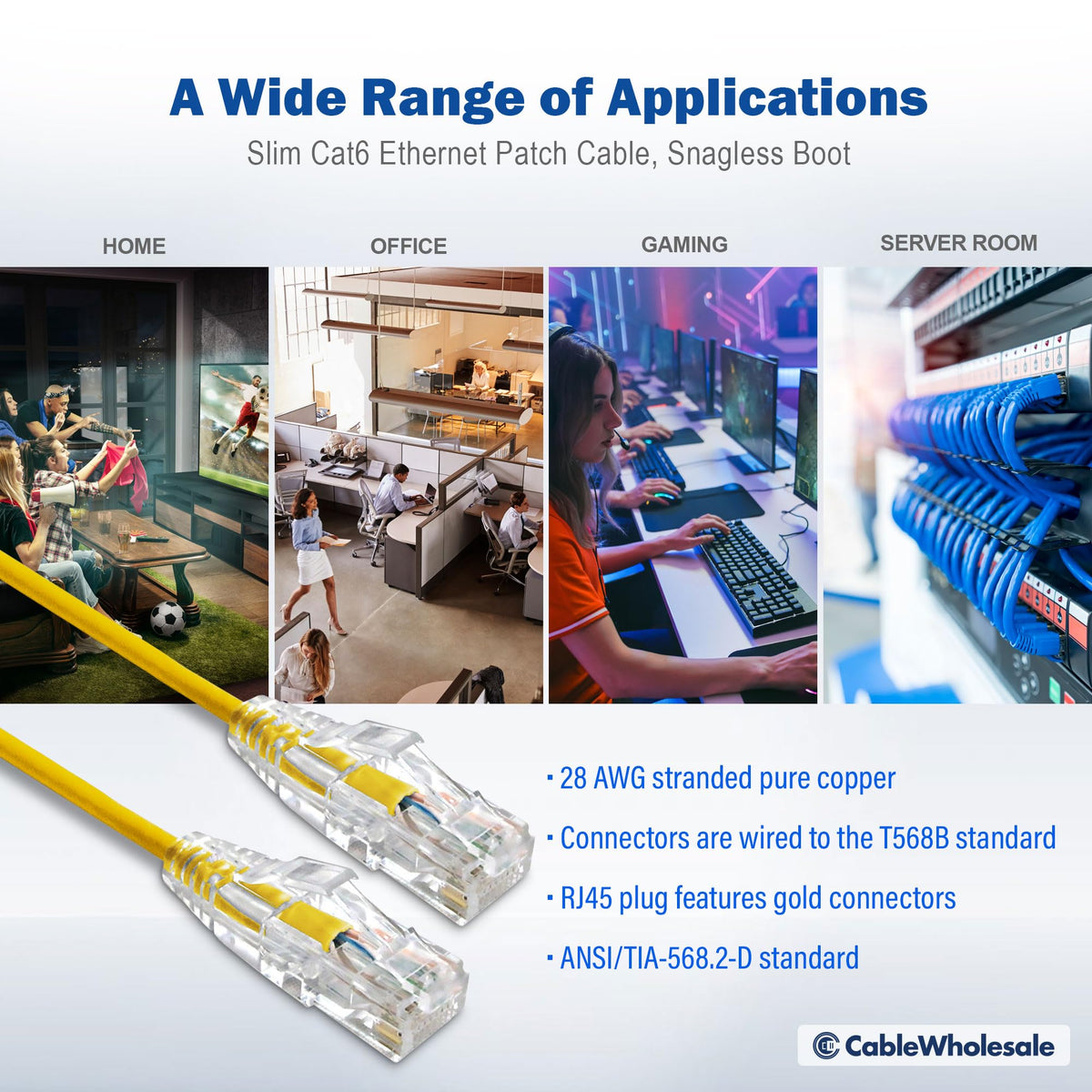 CableWholesale Cat6 Slim UTP Ethernet Cable, 28 AWG, PoE+, 25 ft, Yellow