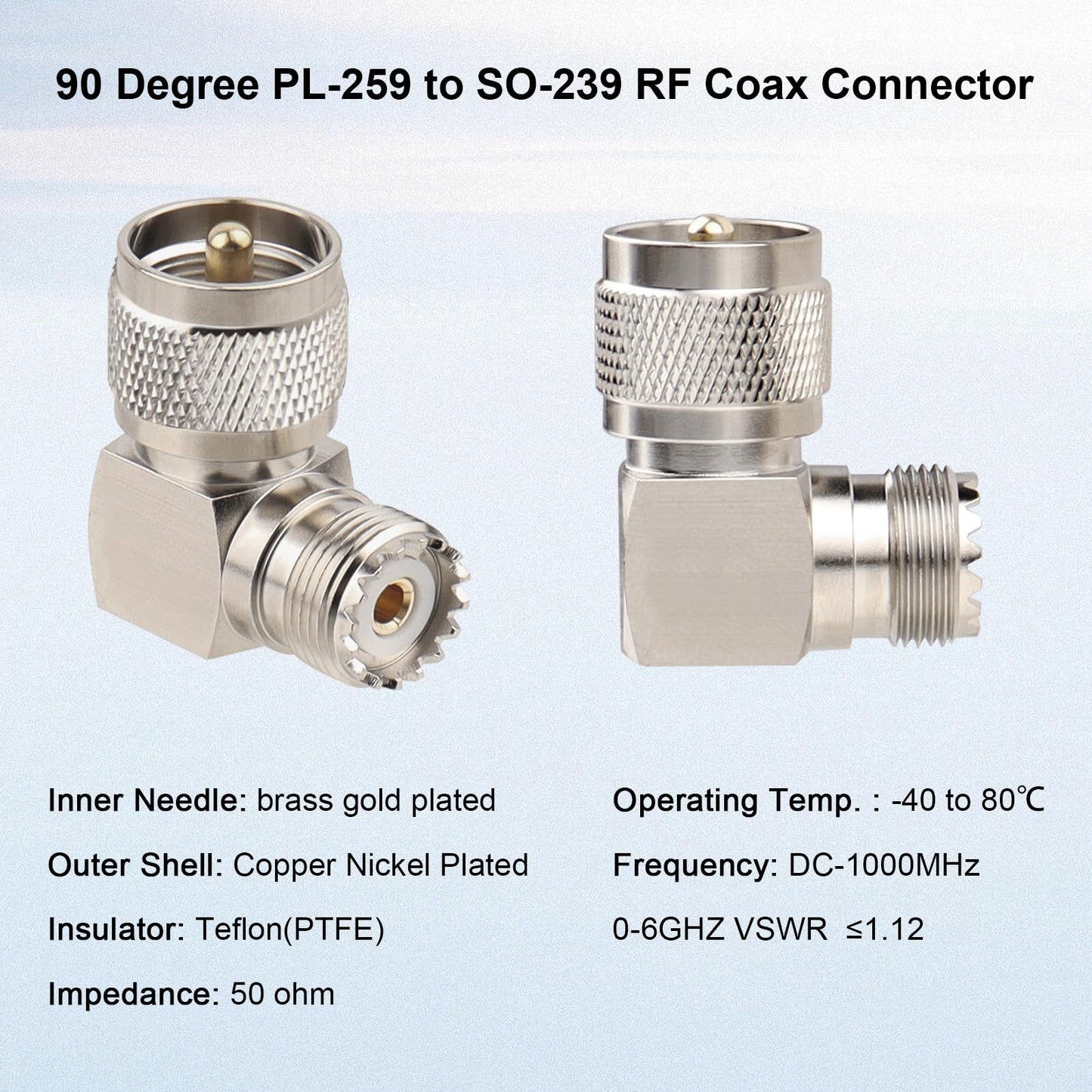 UHF Male to UHF Female Right Angle Adapter (2-Pack) - 90 Degree PL-259 to SO-239 Connector, RF Coax Elbow Adapter 50 Ohm Impedance for CB/Ham Radio