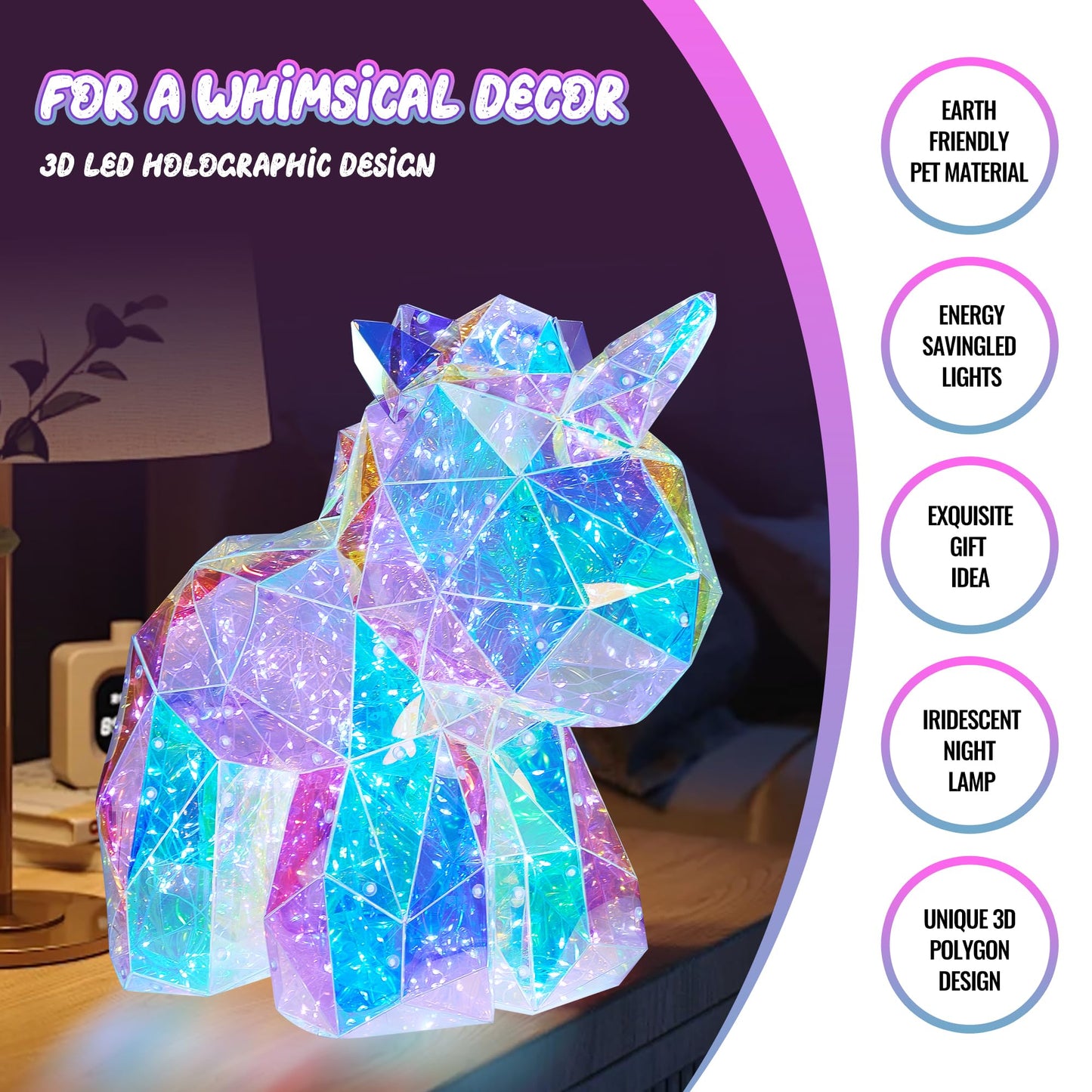 Aladdinas LED Unicorn Night Light, Holographic Iridescent Design, Gift Nursery Decor Display Box with Ribbon (Unicorn, Small)