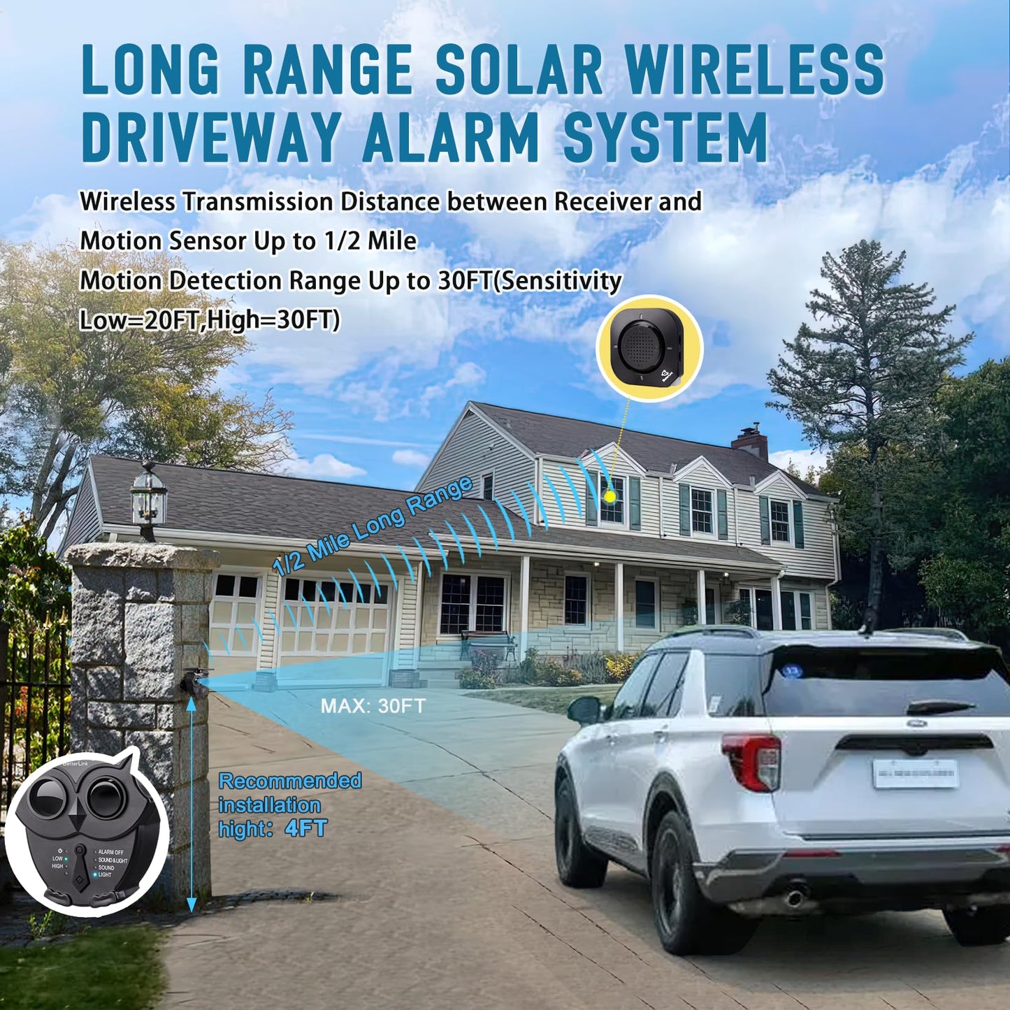 1/2 Mile Long Range Solar Wireless Driveway Alarm System IP65 Weatherproof Outdoor Motion Detectors&Sensor 120dB Siren Sound Light Security Alert