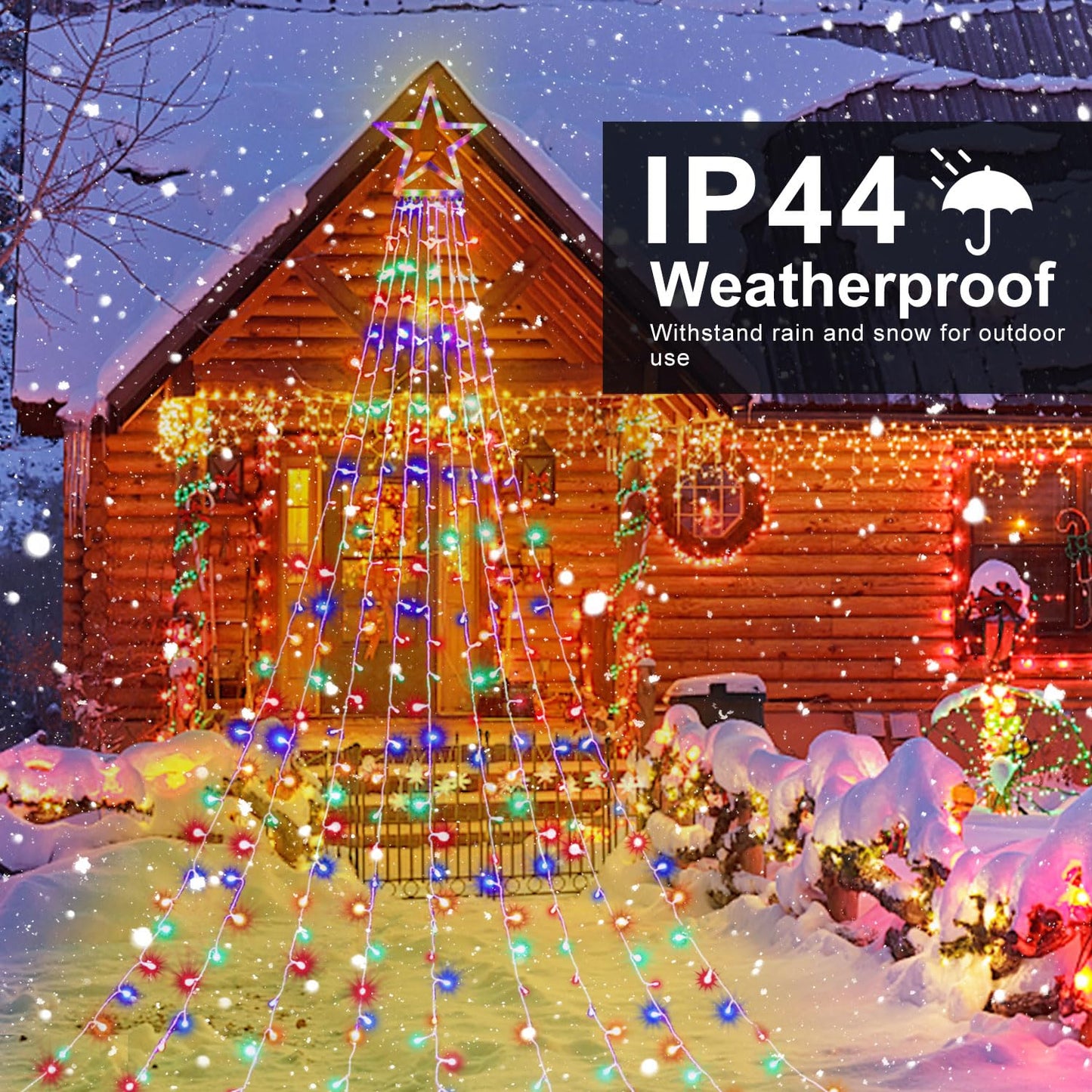 FUNIAO (New) Christmas Lights, Outdoor Christmas Decorations, 320 LED Waterfall String Lights, 8 Light Modes Chrsitmas Lights with 12" Star Tree
