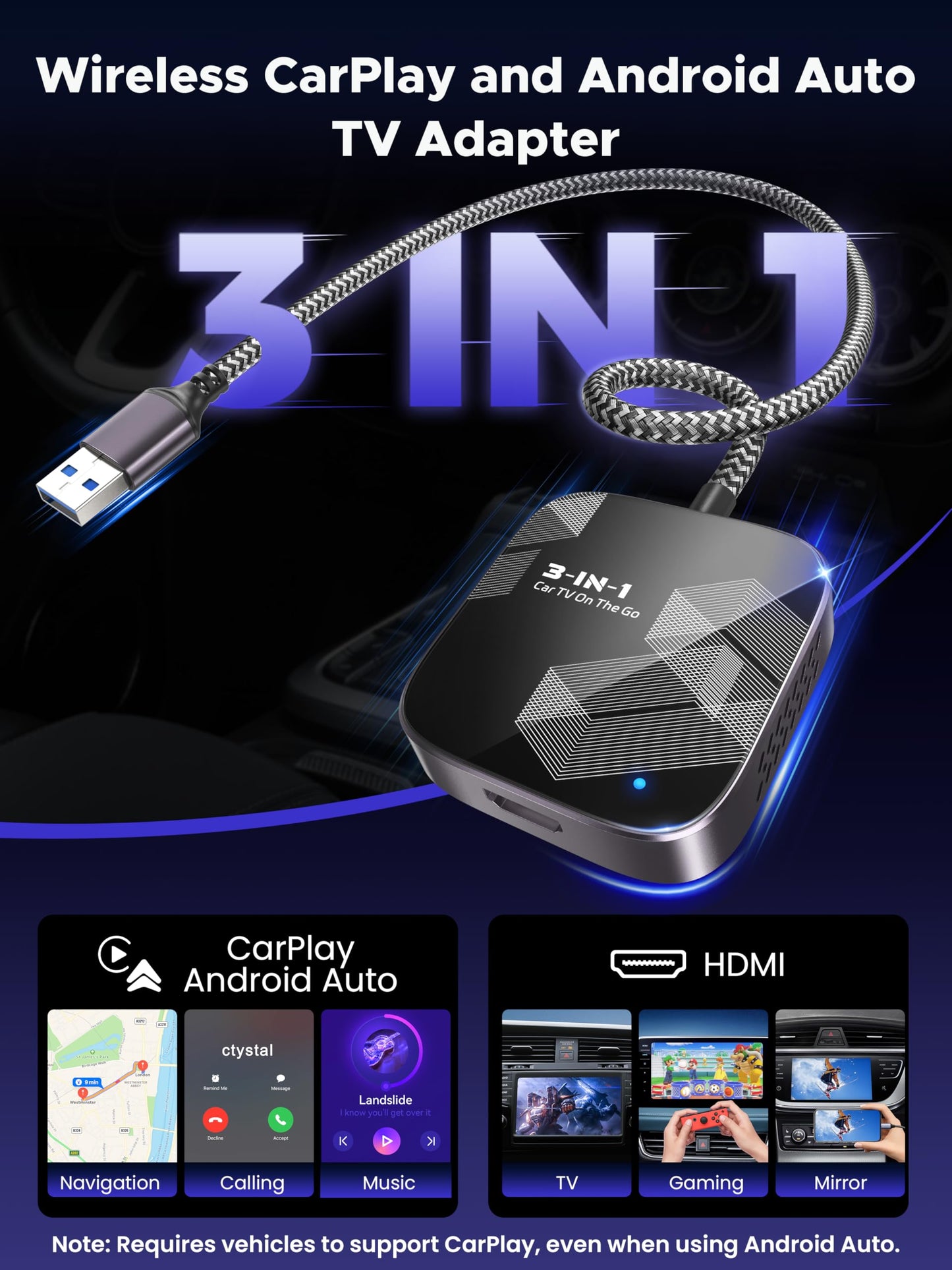 3-in-1 Wireless CarPlay Adapter, 2026 Upgraded Car TV Mate Pro Max [Metal & Glass Case] Convert Wired to Wireless Apple Car Play/Android Auto or HDMI