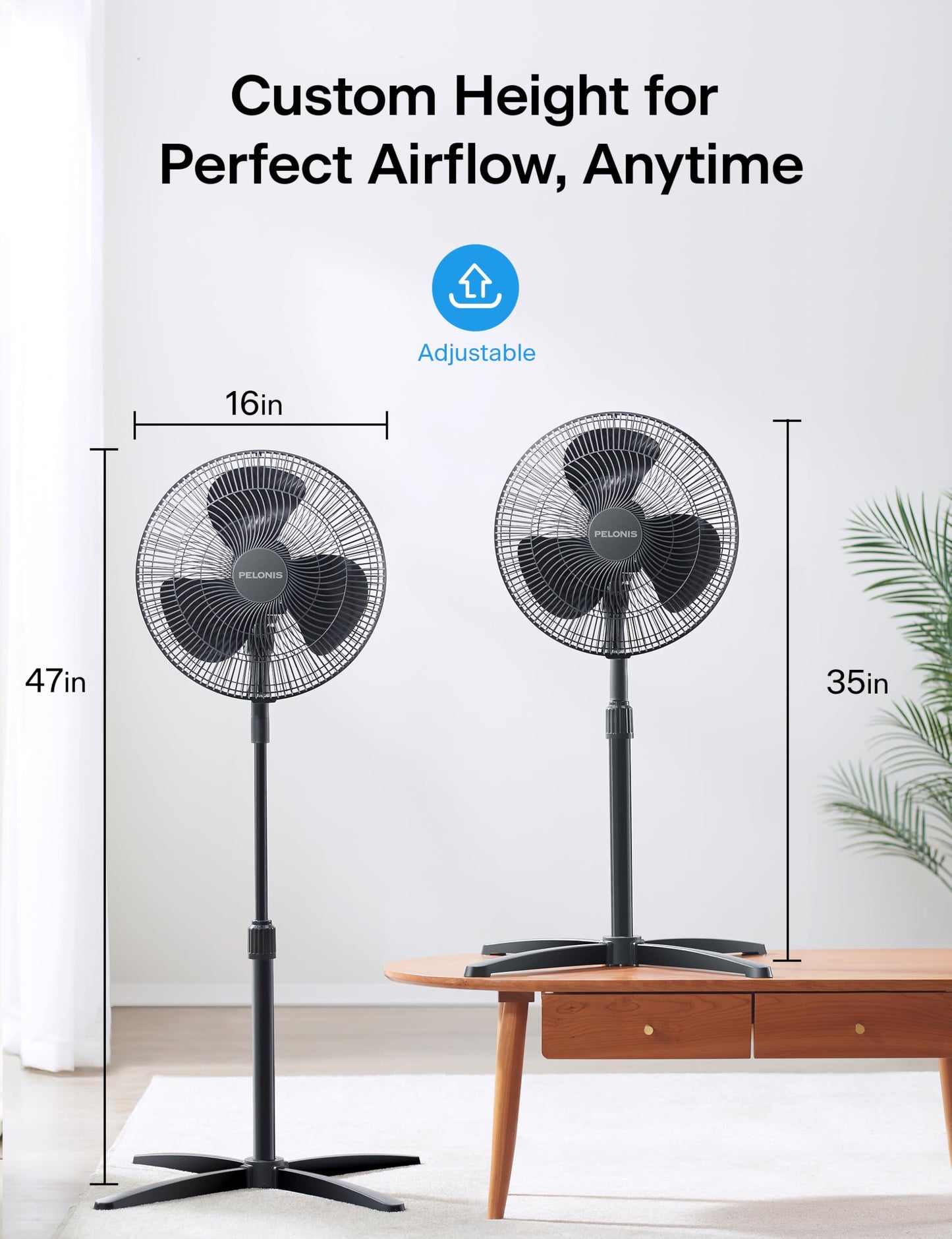 PELONIS 16" Adjustable Oscillating Pedestal Fan for Bedroom, Black