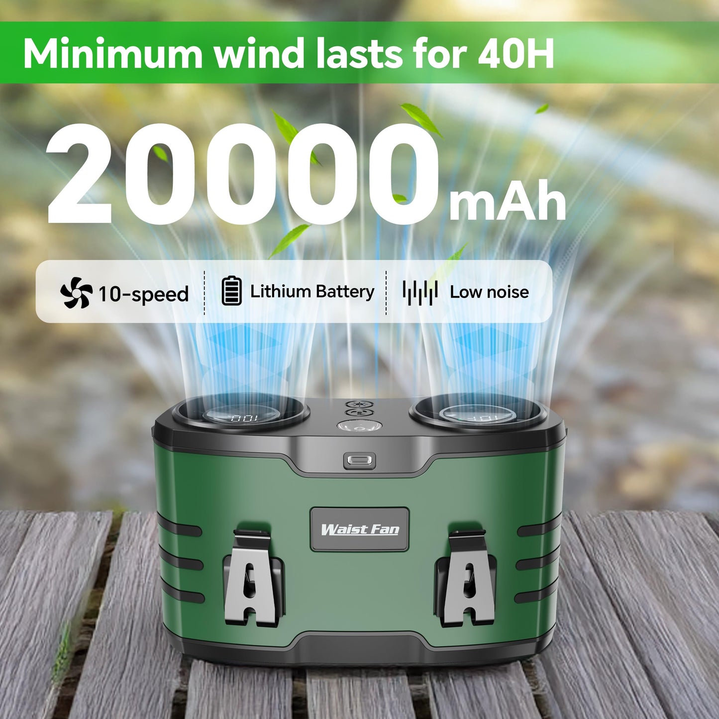 20000mAh Waist Fan for Men Women, Rechargeable Belt Fan With LED Light, Dual Motor Hands-Free, Wearable Personal Cooling Fan for Construction HVAC