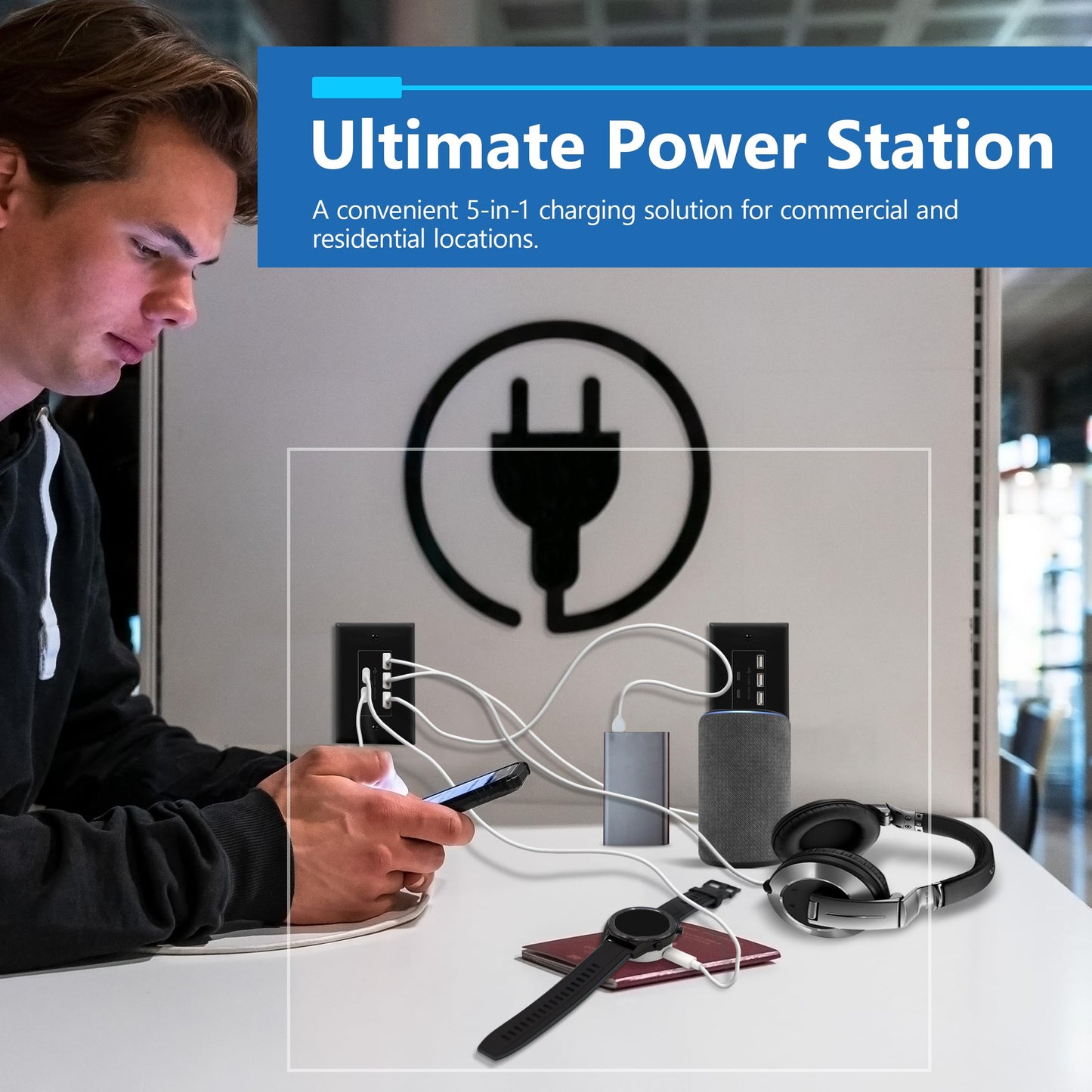 LIDER 6.0A 30W USB A&C in-Wall Charger, 3 USB Type-A and 2 USB Type-C Charging Ports, Interchangeable Face Cover, Modern Upgrade, Wall Plate Included