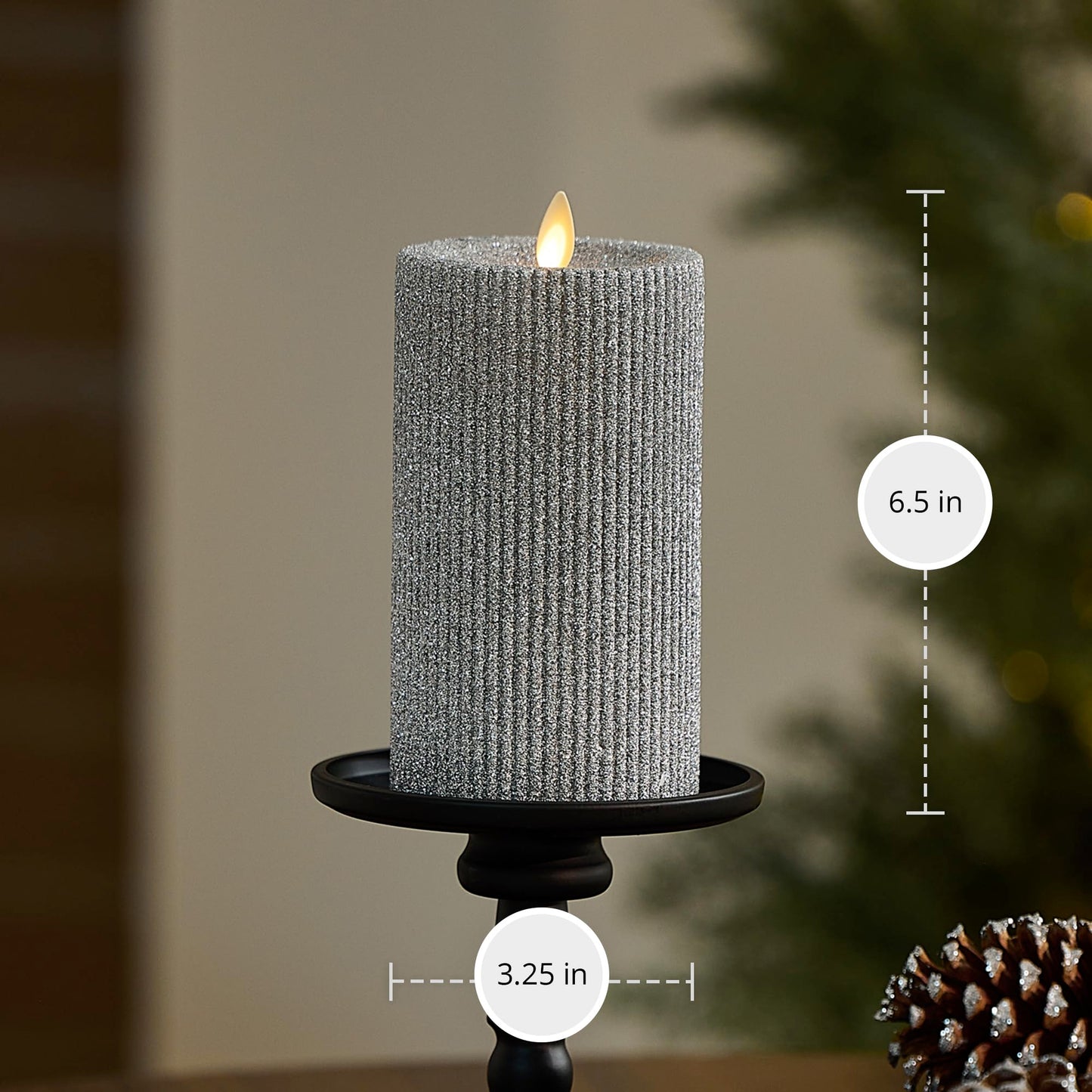Luminara Brilliant Silver Glitter Ribbed Flameless LED Candle Moving Flame Pillar, Real Wax, Flat Top, Timer (3.25" x 6.5")