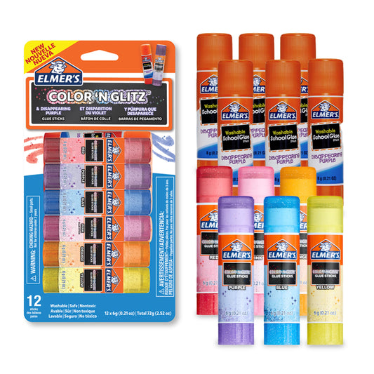 Elmer’s Color 'n Glitz Glue Sticks Washable Assorted Colors Includes Disappearing Purple Glue Sticks 6 Grams 12 Pack