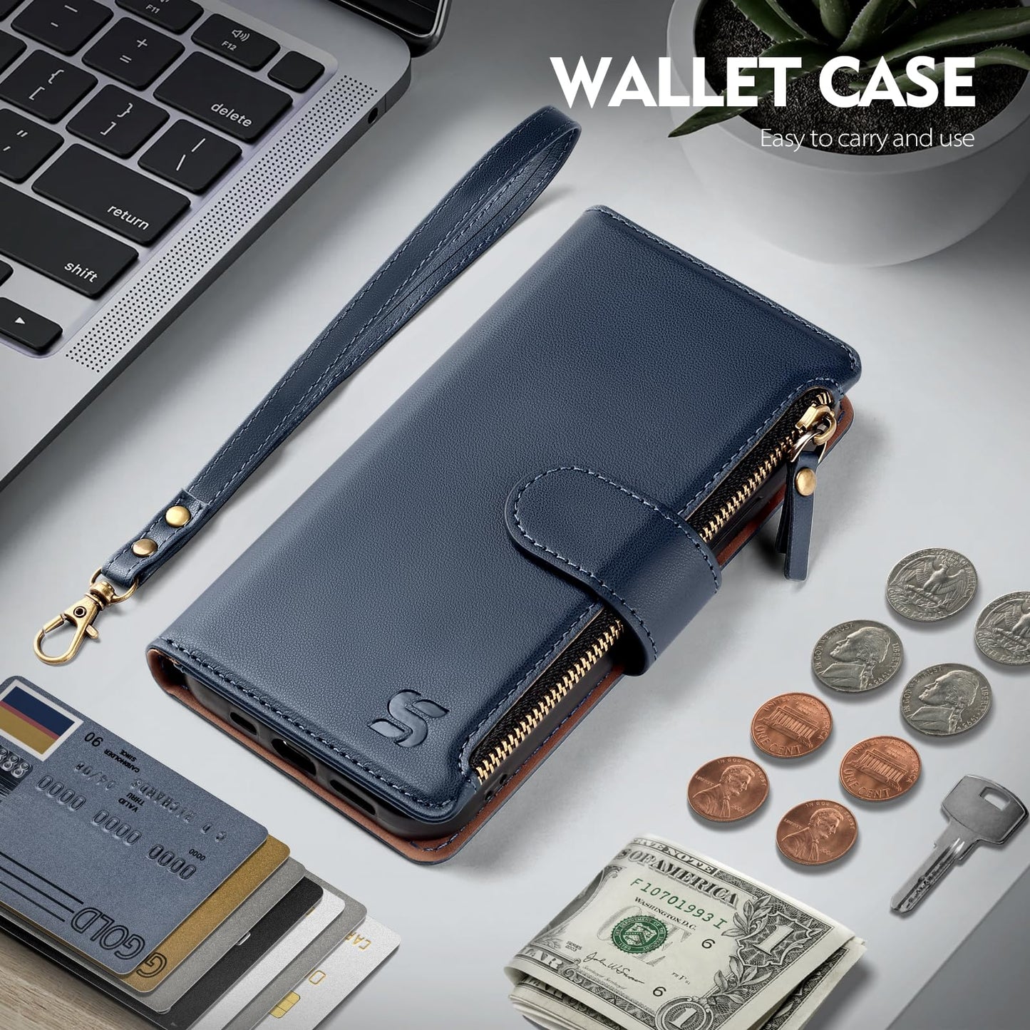 Shieldtop Compatible with iPhone 14 Plus Wallet Case with Card Holder,Women Men RFID Blocking PU Leather Flip Cover Wrist Strap Zipper Credit Card
