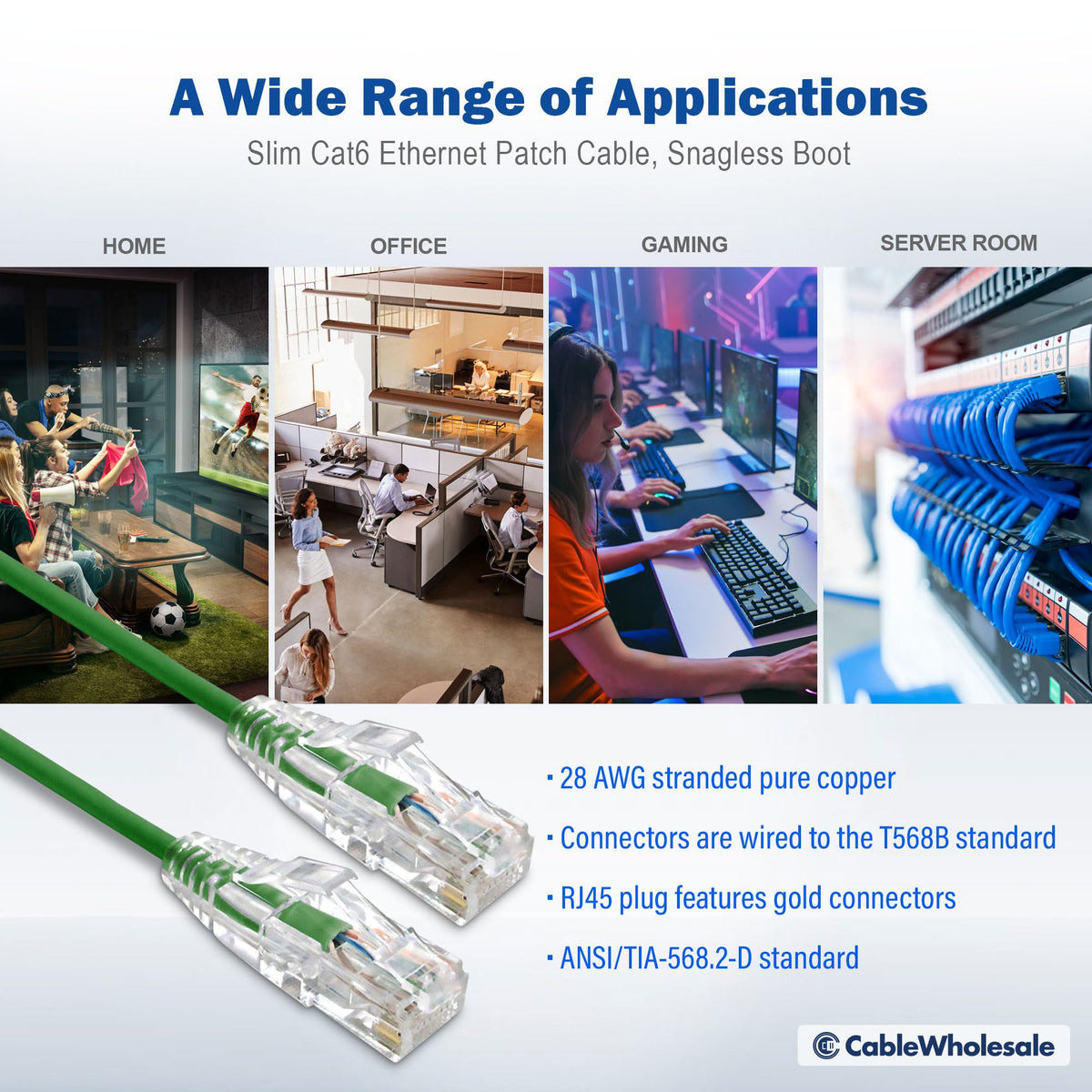 CableWholesale Cat6 Slim UTP Ethernet Cable, 28 AWG, PoE+, 25 ft, Green