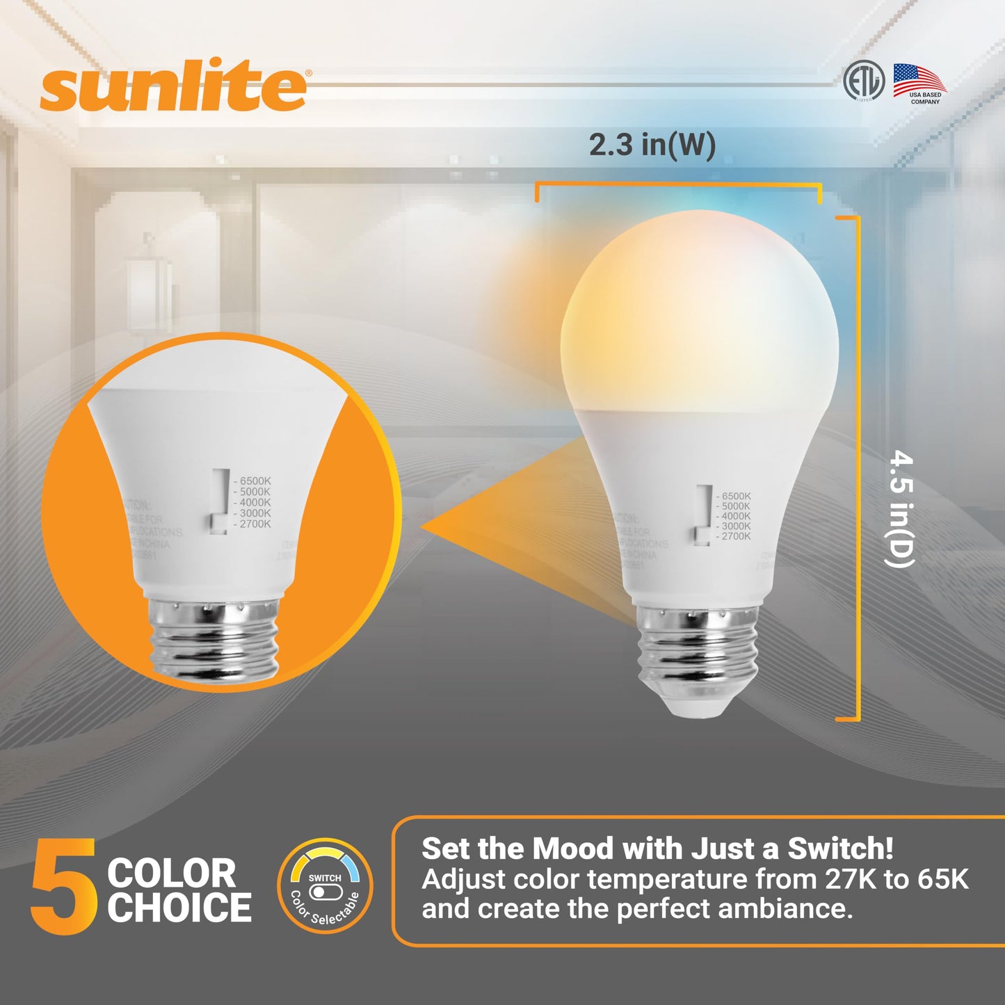 Sunlite LED A19 Light Bulbs 15 Watts E26 Medium Base, 1600 Lumens, Dimmable LED 100 Watt Equivalent Energy Efficient Lighting, ETL Listed, CCT