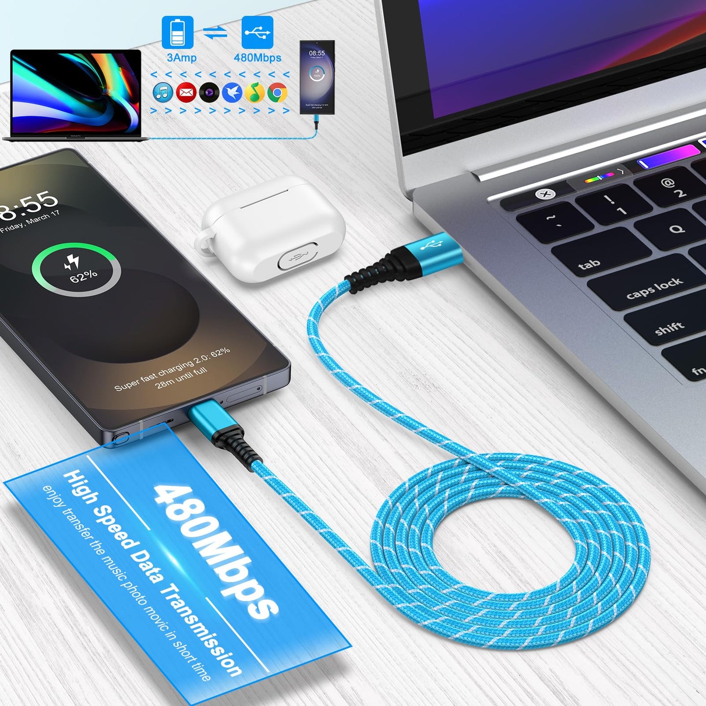 USB to USB C Charger Cable Android Charger Fast Charging Cord for Samsung Galaxy A17 A16 5G A36 A26 A56 A15 A35 S25 Ultra S25 Plus S24 S23 Z Fold 7 Z