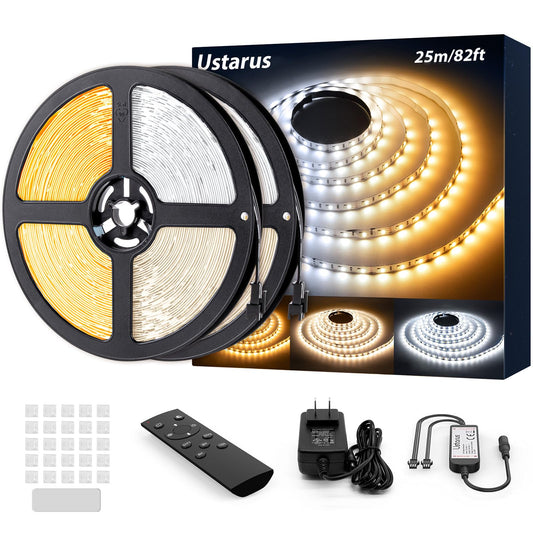 Ustarus White LED Strip Lights 82ft 24V Dimmable 3000K-6000K LED Tape Rope Light with Remote Flexible 2835 LED Ribbon for Kitchen Under Cabinet Mirror
