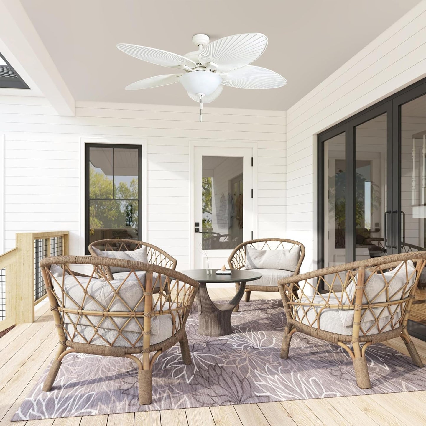 Honeywell Palm Island 52 Inch Tropical Indoor Outdoor Ceiling Fan, LED Light, 5 Palm Leaf Blades, Pull Chain Control, Quiet Motor, White