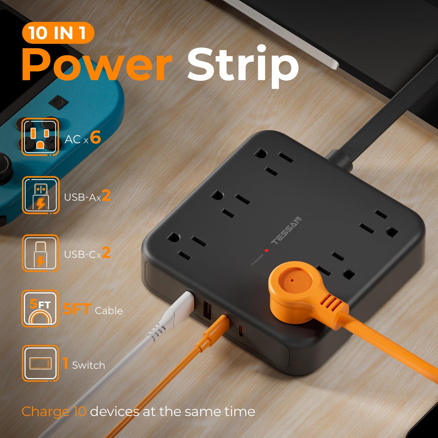 TESSAN Black Extension Cord with Fast Charger, Surge Protector Power Strip with 6 Outlets and 4 USB Ports (2 USB C), 2100 Joules Protection, Flat