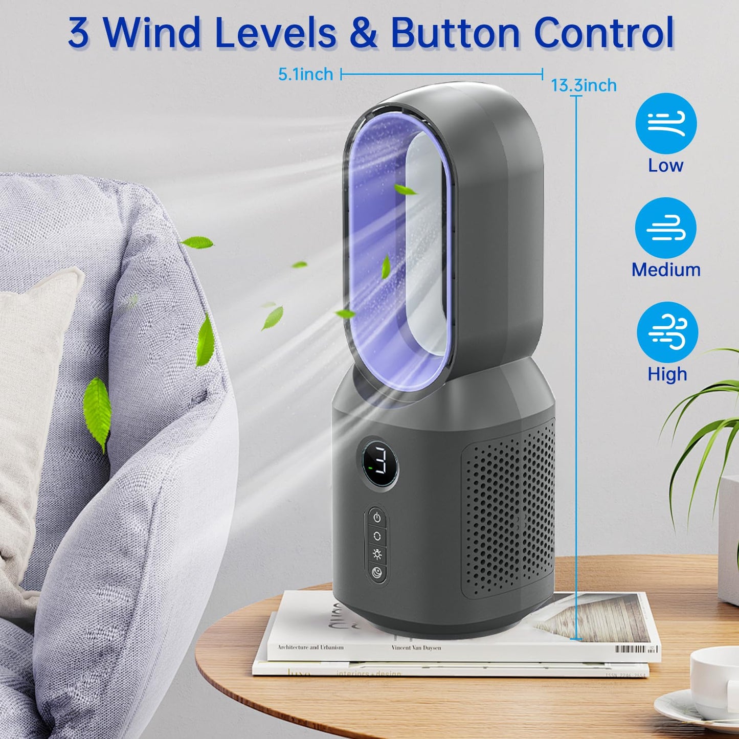 Bladeless Desk Fan, 13 Inch Quiet Oscillating with 106° Rotation, Battery Operated Portable Table Fan, 3 Speeds & Night Light, LED Display, Button