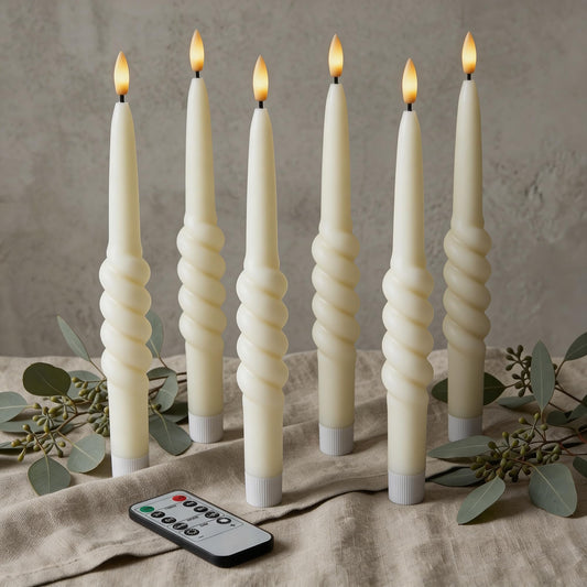 West Ivory Smooth Taper with Twist Flameless LED Taper Candles 10" - Ivory, Set of 6 - Remote, Dimmable, 2/4/6/8-Hr Timer (24-Hr Memory), Bottom