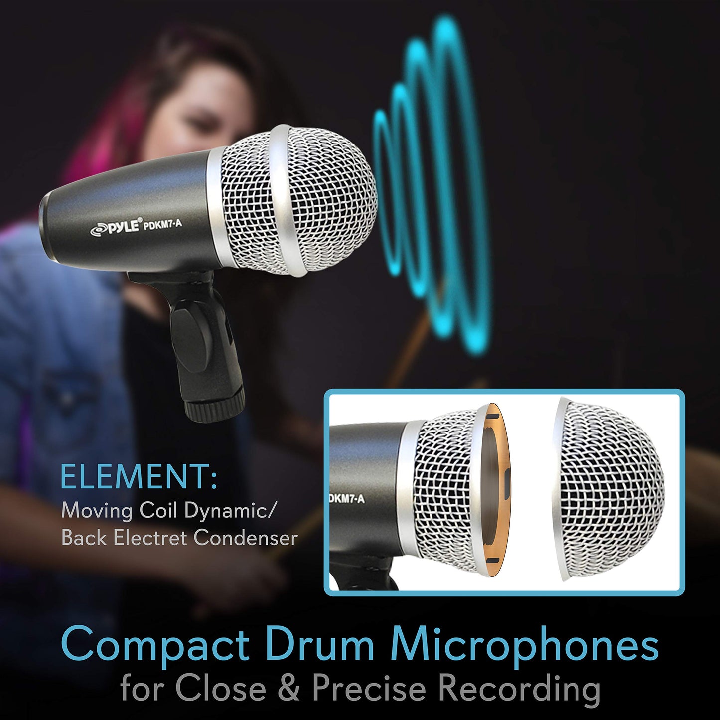 Pyle 7-Piece Wired Dynamic Kit-Kick Bass, Tom/Snare & Cymbals Microphone Set-for Drums, Vocal, & Other Instrument-Complete with Thread Clip, Inserts