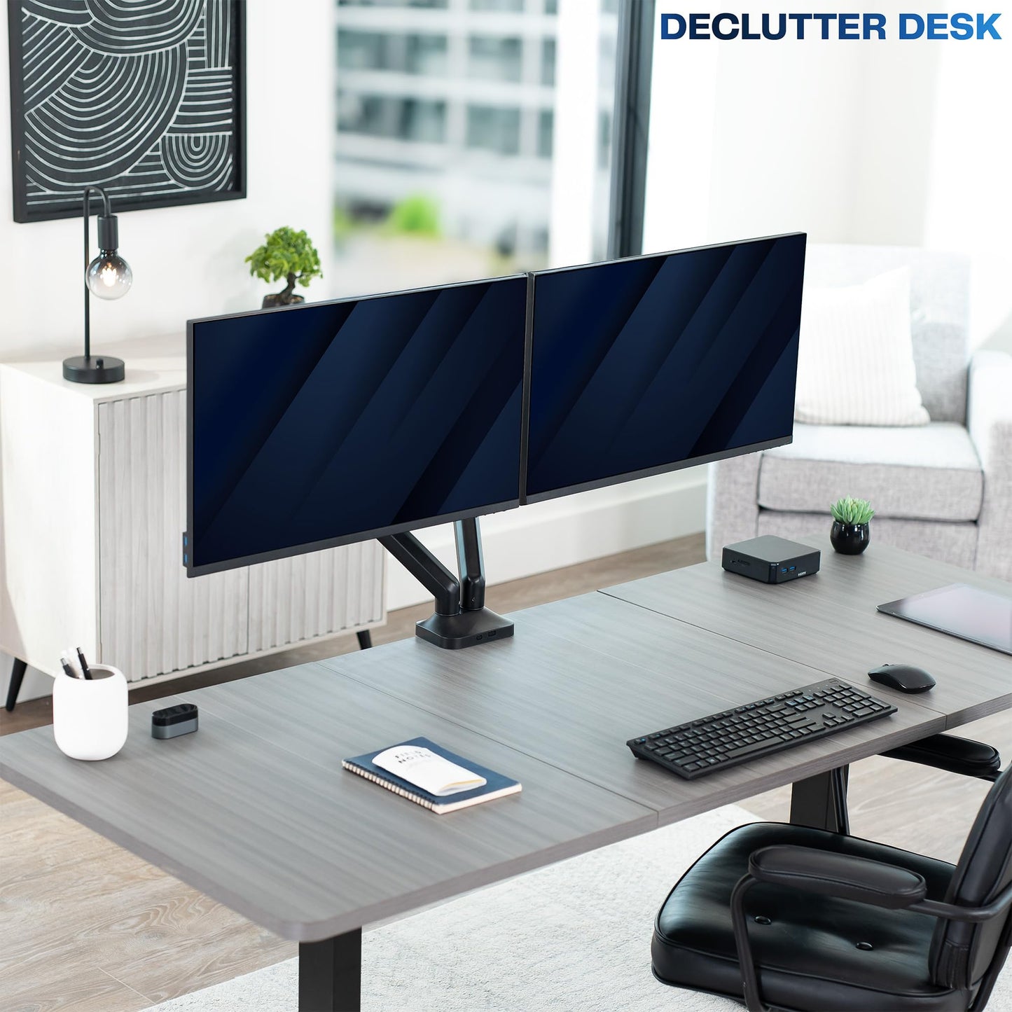 VIVO Dual Pneumatic Arm Ultra-Wide Monitor Mount for up to 35 inch Screens, Holds 26.4 lbs per Arm, Desk Mount Monitor Stand for 2 Ultrawides, Black