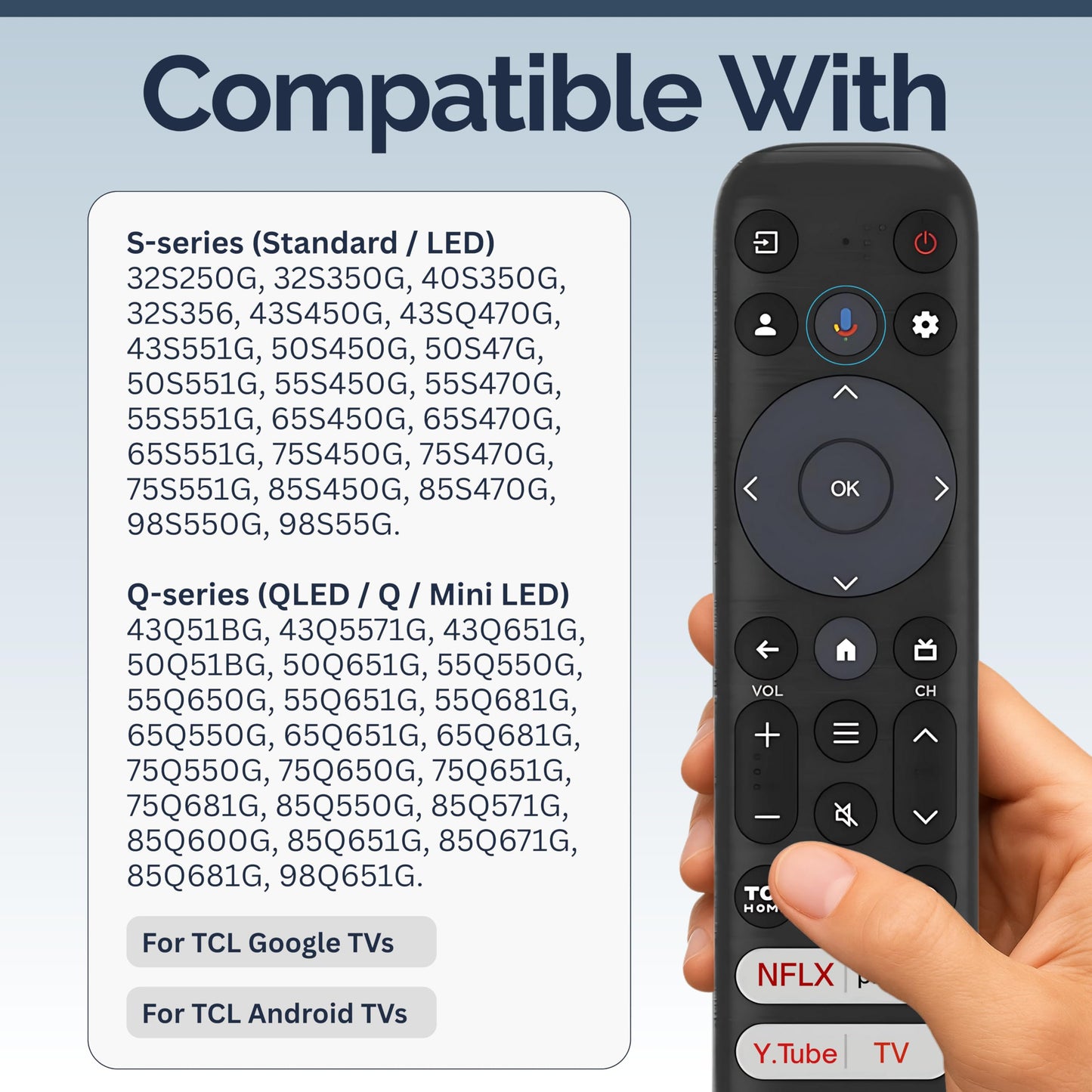 RC813 Remote Control Compatible with TCL TVs - Infrared + Bluetooth, Easy Setup, Shortcut Keys - Works with Google TV & Android TV Models QM8, QM7