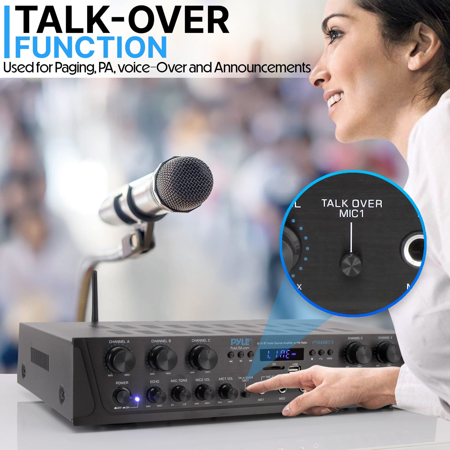 Pyle Home Audio Amplifier with Bluetooth - 6 Channel 600 Watt Peak Power, Karaoke with Echo, 2 Mic Input with Talkover, Headphone In, USB A MP3 Player