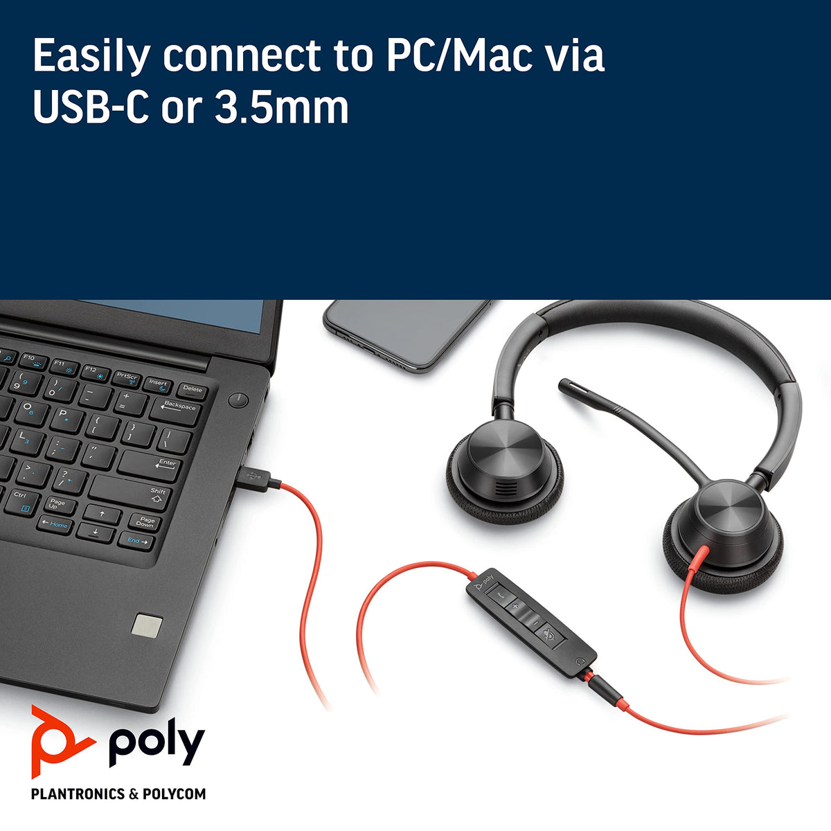 Plantronics - Blackwire 3325 Wired Stereo USB-C Headset with Boom Mic (Poly) - Connect to PC/Mac via USB-C or Mobile/Tablet via 3.5 mm Connector