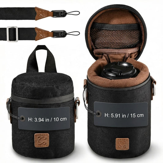 C Coiro Premium Camera Lens Case with Quick Release Strap, Water Resistant Protective Lens Pouch for DSLR Camera, 2 Size L and M, Compatible