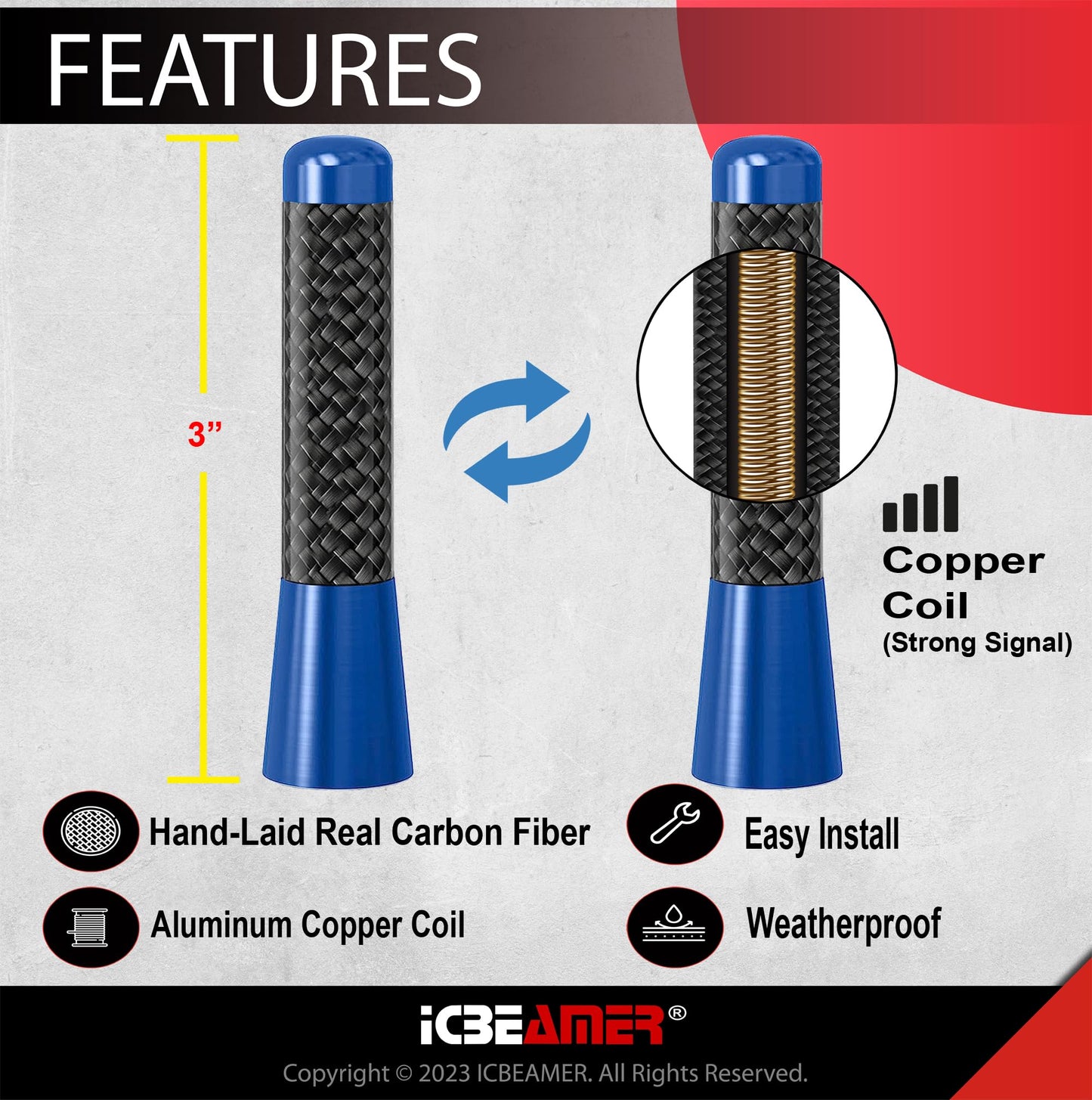 ICBEAMER 3" Carbon Fiber Polished Finish & Dark Navy Blue Aluminum Short Automotive Antenna with Internal Copper Coil Universal Work for AM/FM Radio