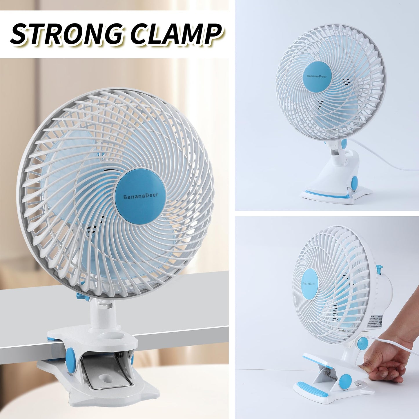 BananaDeer Oscillating Clip on Fan 9-Inch With Remote control, Portable Desk Fan Adjustable Tilt, w/Sturdy Clamp,3 Speed, 3 Timer, Shaking Fan