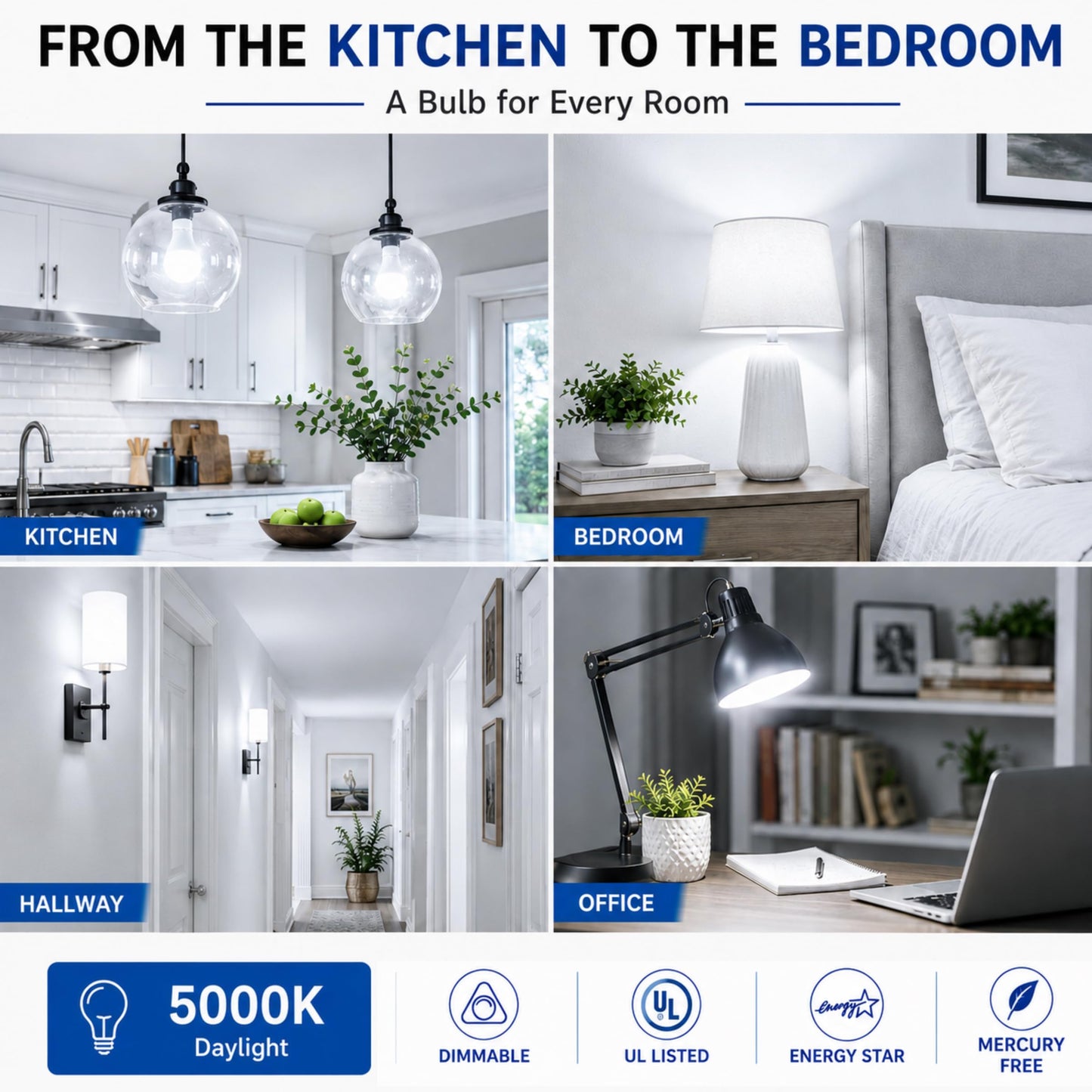 KOR GU24 A19 LED Light Bulbs, 5000K Daylight, Dimmable, 9W, 4-Pack