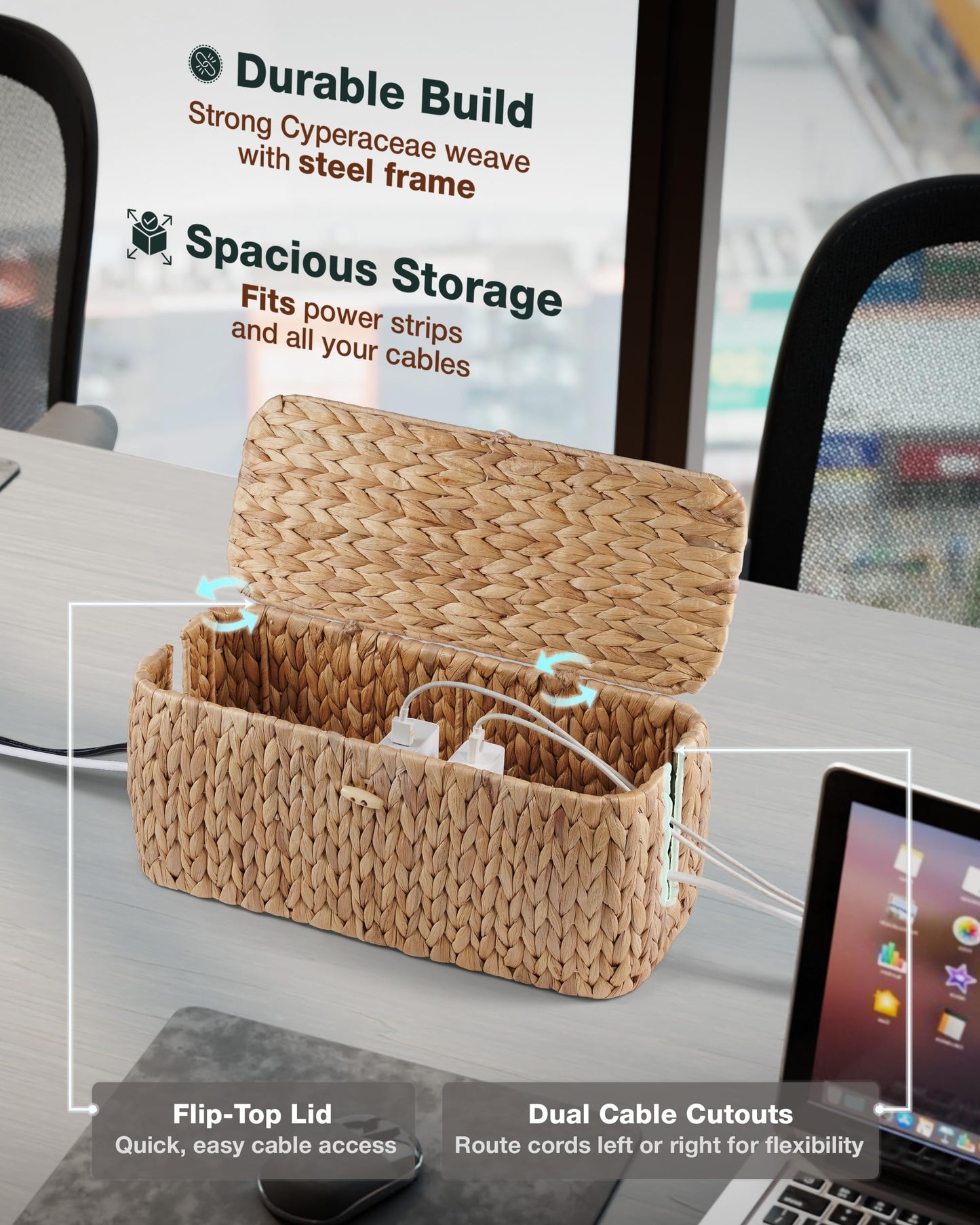 BLUEWEST Cable Management Box, Water Hyacinth Organizer Box, Durable Rattan Cable Organizer with Dual Open Slots for Desk, TV, or Office Cords, Stores
