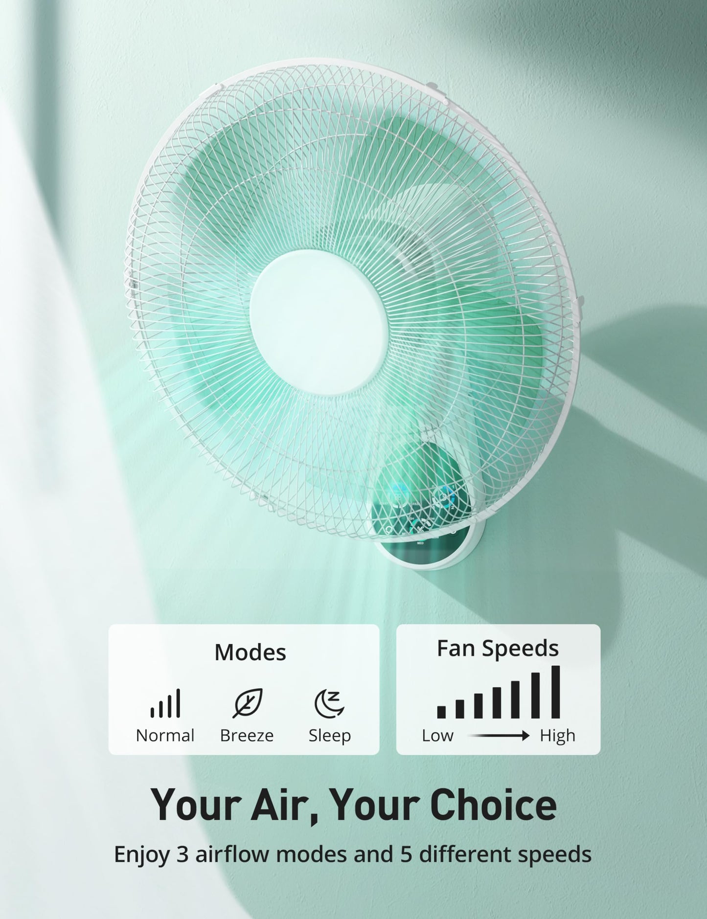 Mirdred Wall Mount Fan, 16 Inch 5 Blades 5 Speeds Wall Fan with Remote Control, 90 Degree 8 Hour Timer Oscillating Fan for Bedroom Home Kitchen