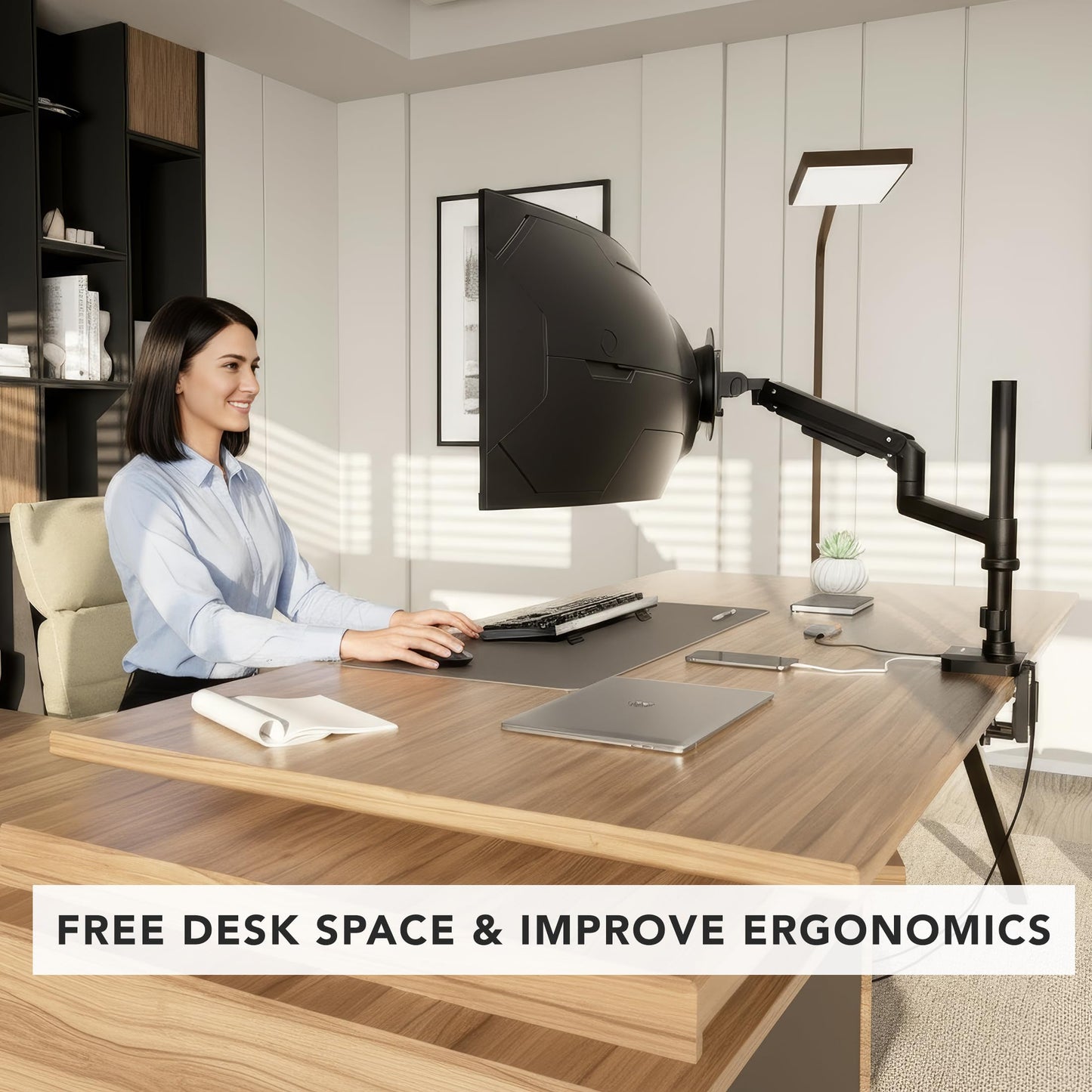 Mount-It! Proflex Series Height-Adjustable Ultrawide Monitor Arm with Pole, Fits 17-49” Screens, Gas Spring, 44 lbs Capacity, USB-C & USB 3.0 Ports