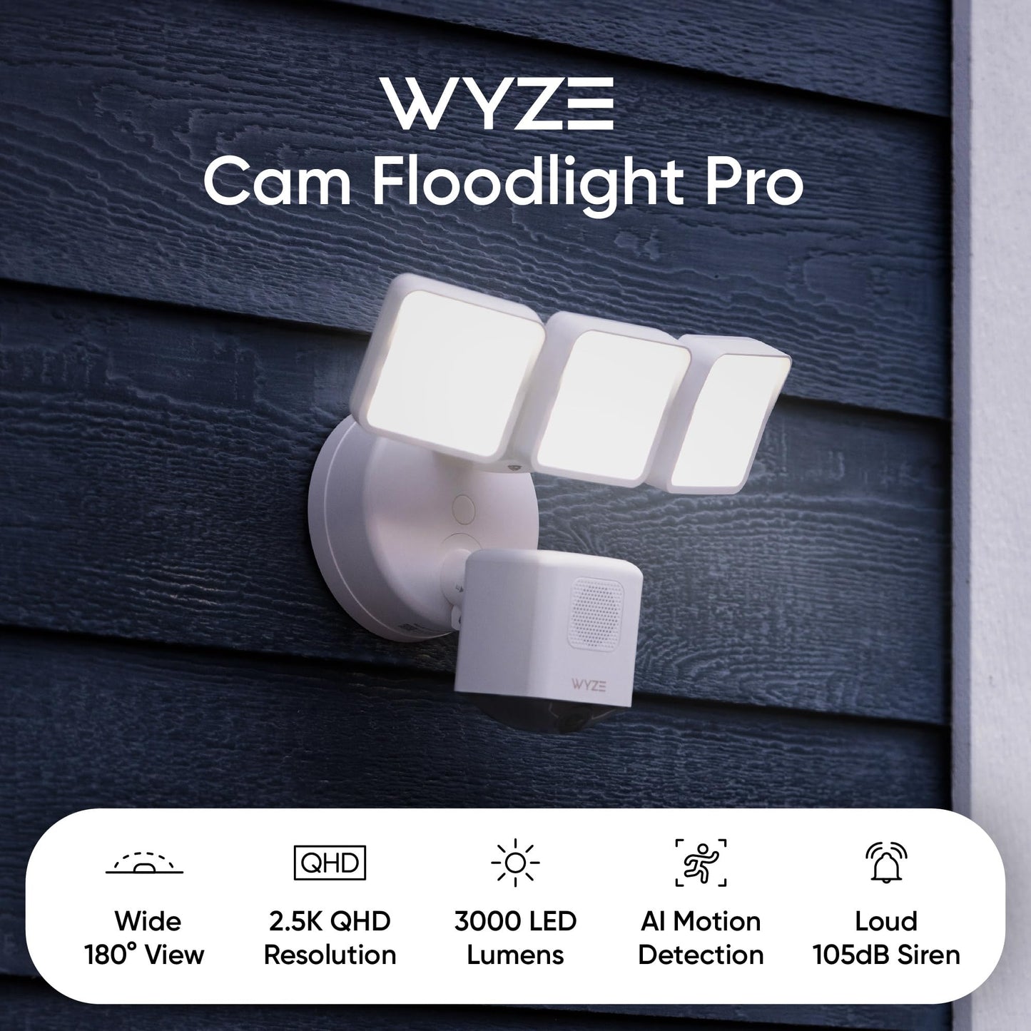 WYZE Floodlight Camera Pro, 3000-Lumen LEDs, 180° Wide View, 2K HD Outdoor Security Camera, Motion Detection, 105dB Siren, Cloud & Local Storage