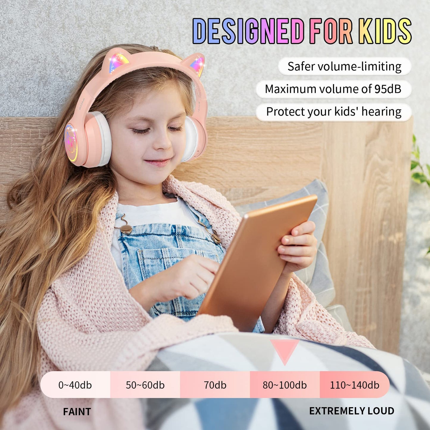 IFECCO Wireless Kids Headphones with Microphone,Foldable Cute Light Up Cat Ear Children Girls Bluetooth Headphones with Case for School Gifts Travel