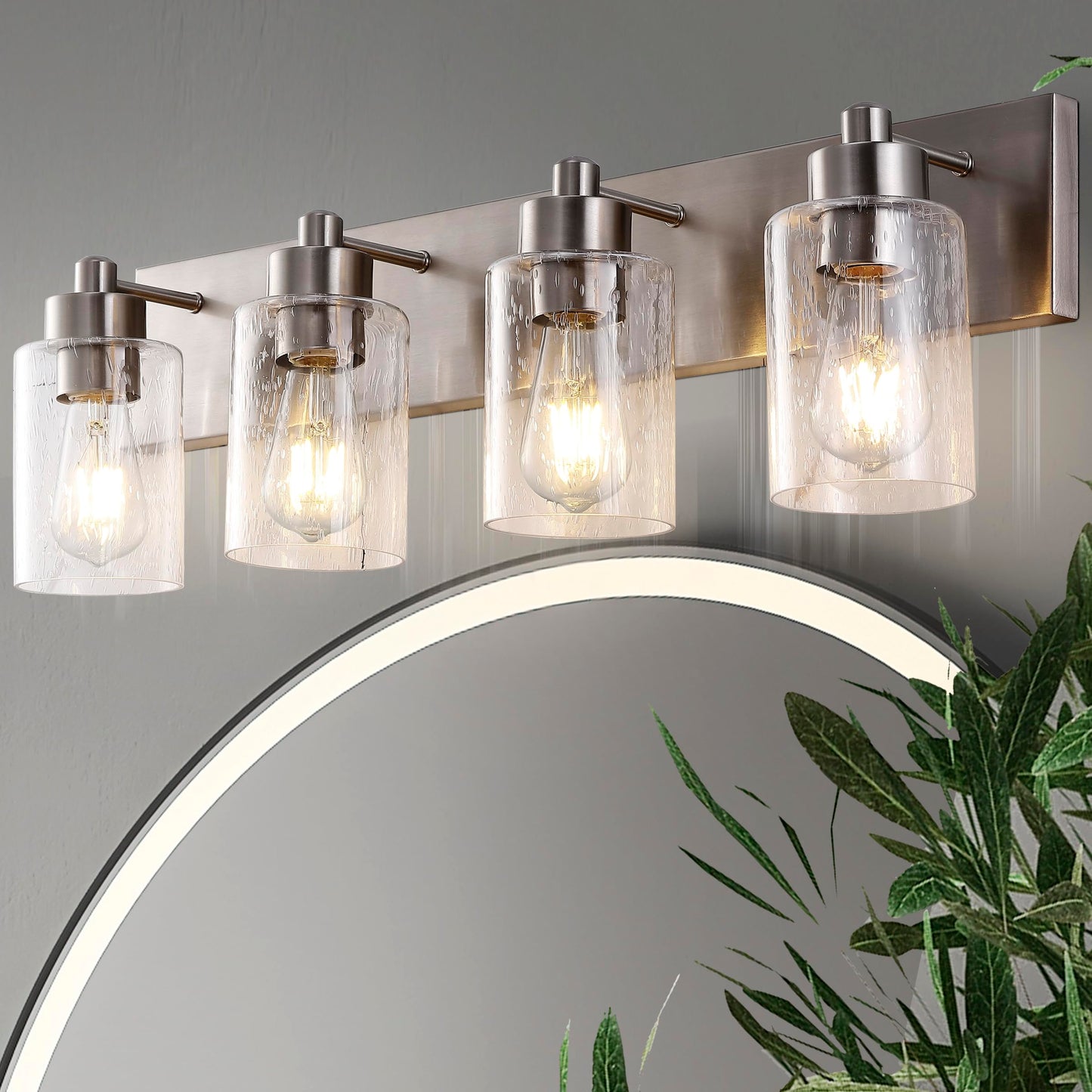 JONATHAN Y 27.75" Nickel 4-Light Modern LED Vanity Light for Bathroom Mirror, Mid-Century Wall Sconce with Clear Seeded Glass Shades, Contemporary