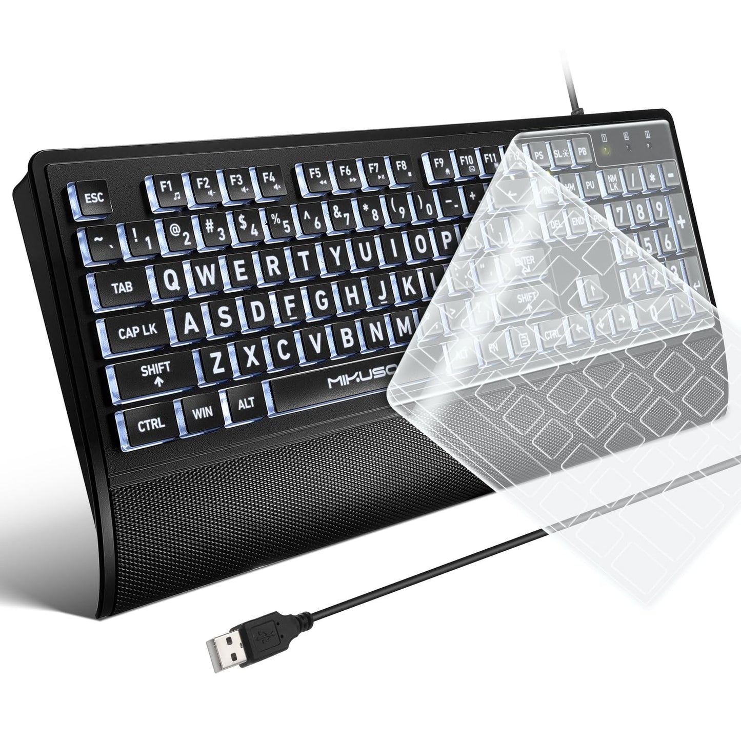 Large Print Backlit Keyboard - High Visibility Big Letter White led,Keyboard for Seniors and Low Visually Impaired, Wired USB with light up and Wrist