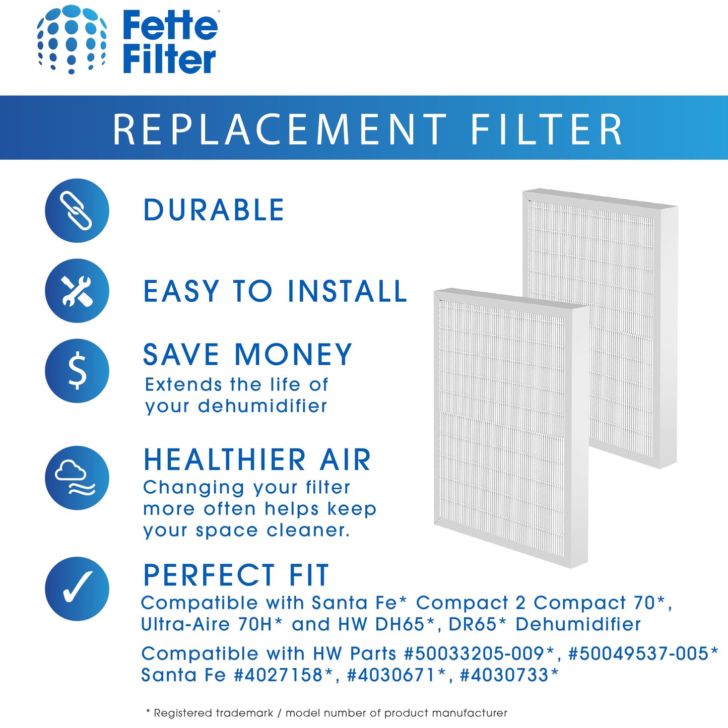 4 Pack Premium Replacement Filters Compatible with Santa Fe Compact 2 Compact 70, Ultra-Aire 70H, Honeywell DH65, DR65 Dehumidifier - Pack of 4