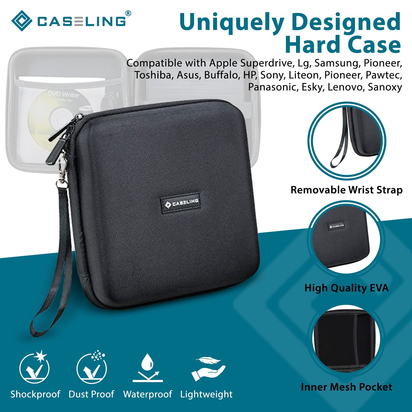 Caseling Hard Case - 7.2"x7.2"x2.2" - for External USB, DVD, CD, Blu-ray Rewriter/Writer and Optical Drives - Portable Carrying Travel Storage Case