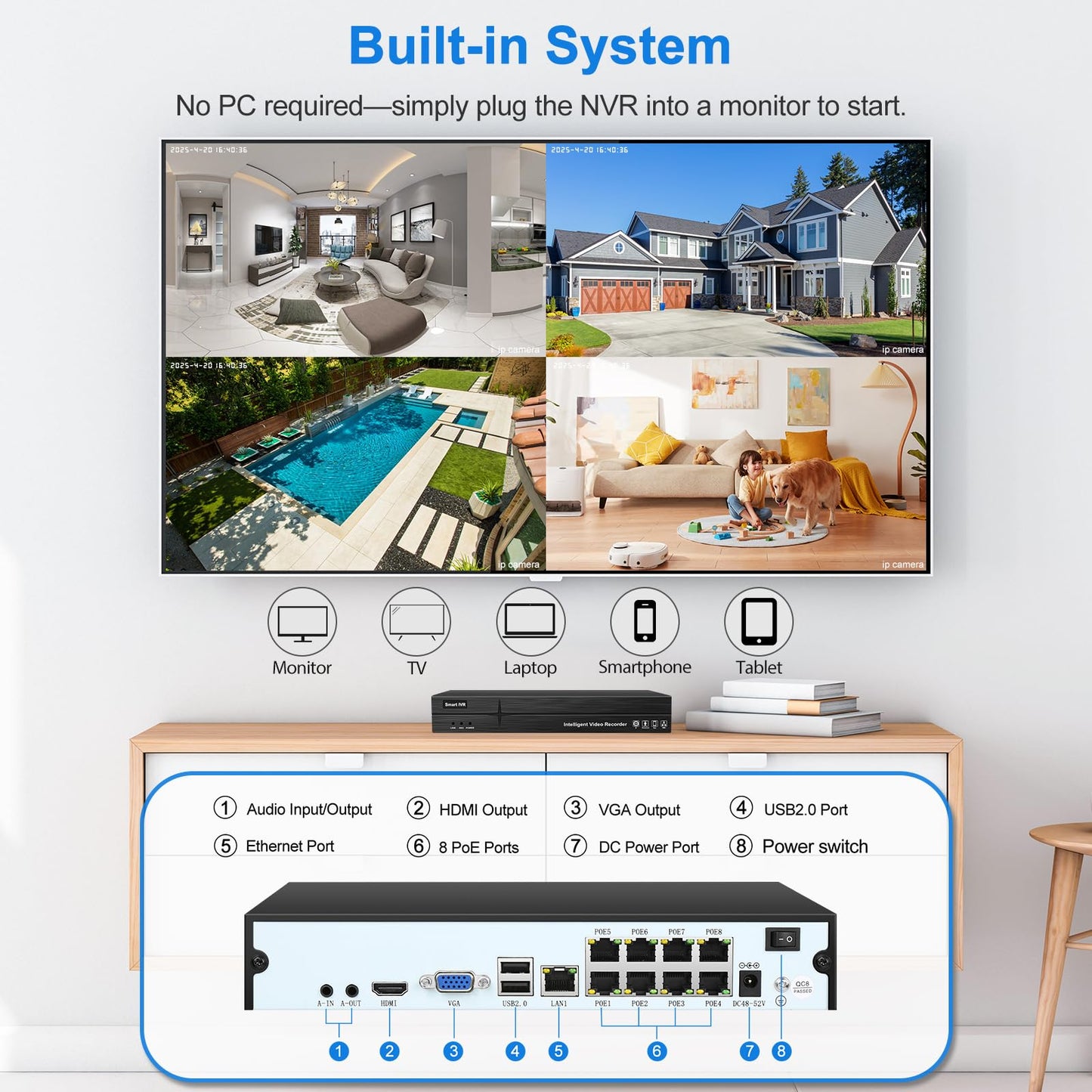MWRCTV 2-Way Audio PoE Security Camera System,4pcs Wired 4MP Dome IP Camera for Home Security,110°Wide Angle Lens,Smart Dual Light,Human&Vehicle
