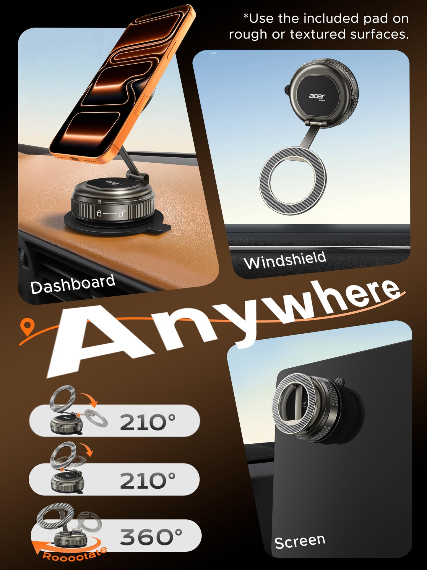 Acer Gadget Car Phone Mount, Magnetic Phone Holders for Your Car [Strongest 108+LBS Suction & 5000gf Magnetic, Carbon Fiber] 360° Adjustable Holder