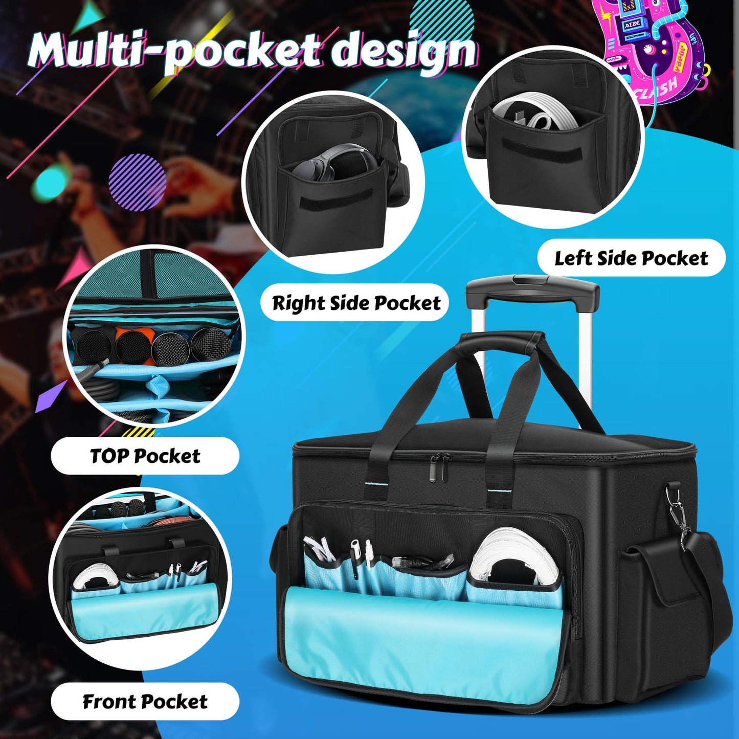DJ Cable Bag, Rolling DJ Cable Bag with Detachable Trolley & Dividers, Large Capacity Gig Bag with Laptop Compartment, Professional Organizer Bag for