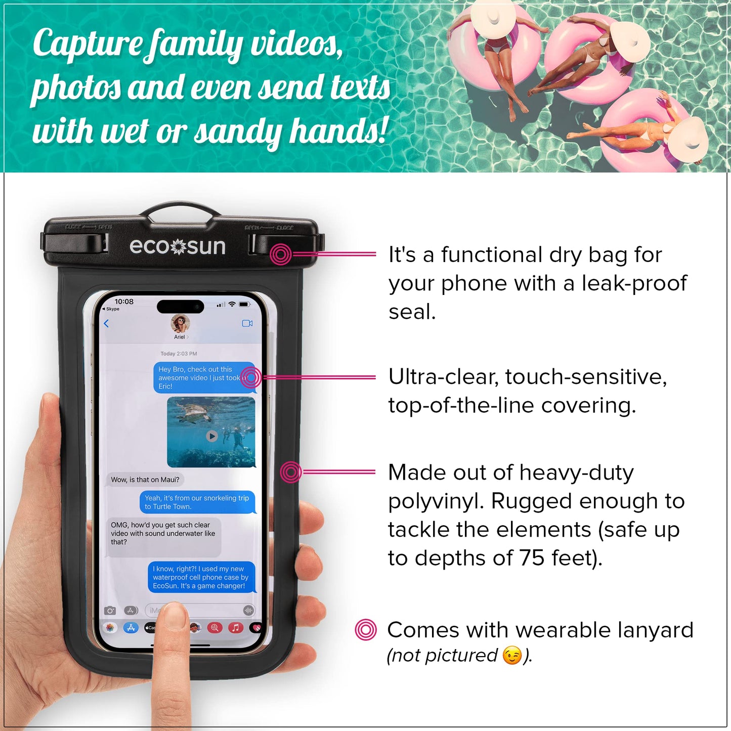 Eco Sun Waterproof Phone Pouch (2-Pack) - Designed in Hawaii - Case Fits All iPhones (incl. 17 Pro Max), Samsung Galaxy S24 & More (Black/Clear)