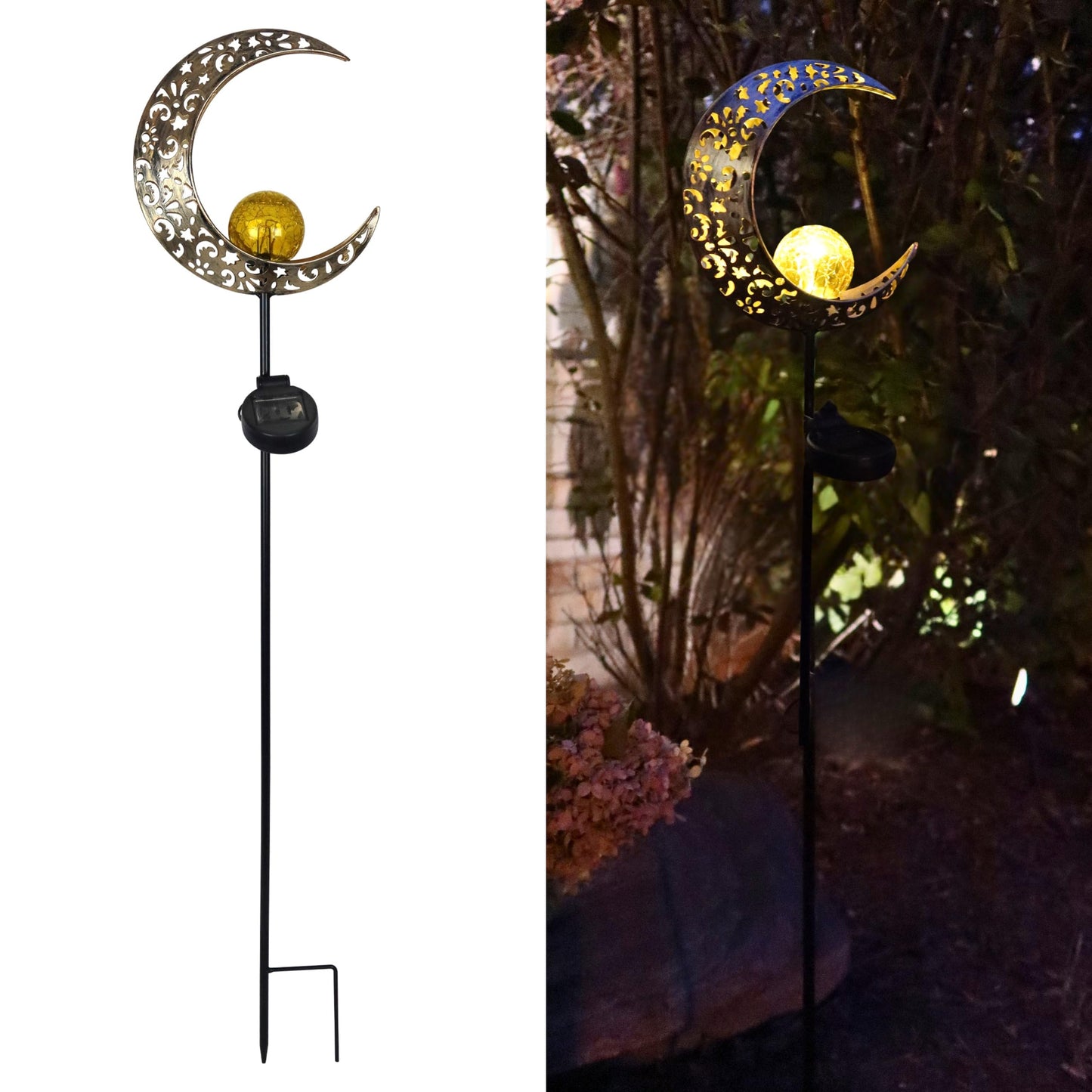 MooneLit Creations MCSSMOON Solar LED Crescent Moon Garden Light - Waterproof Metal Stake with Crackled Glass Globe