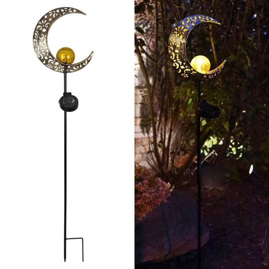 MooneLit Creations MCSSMOON Solar LED Crescent Moon Garden Light - Waterproof Metal Stake with Crackled Glass Globe
